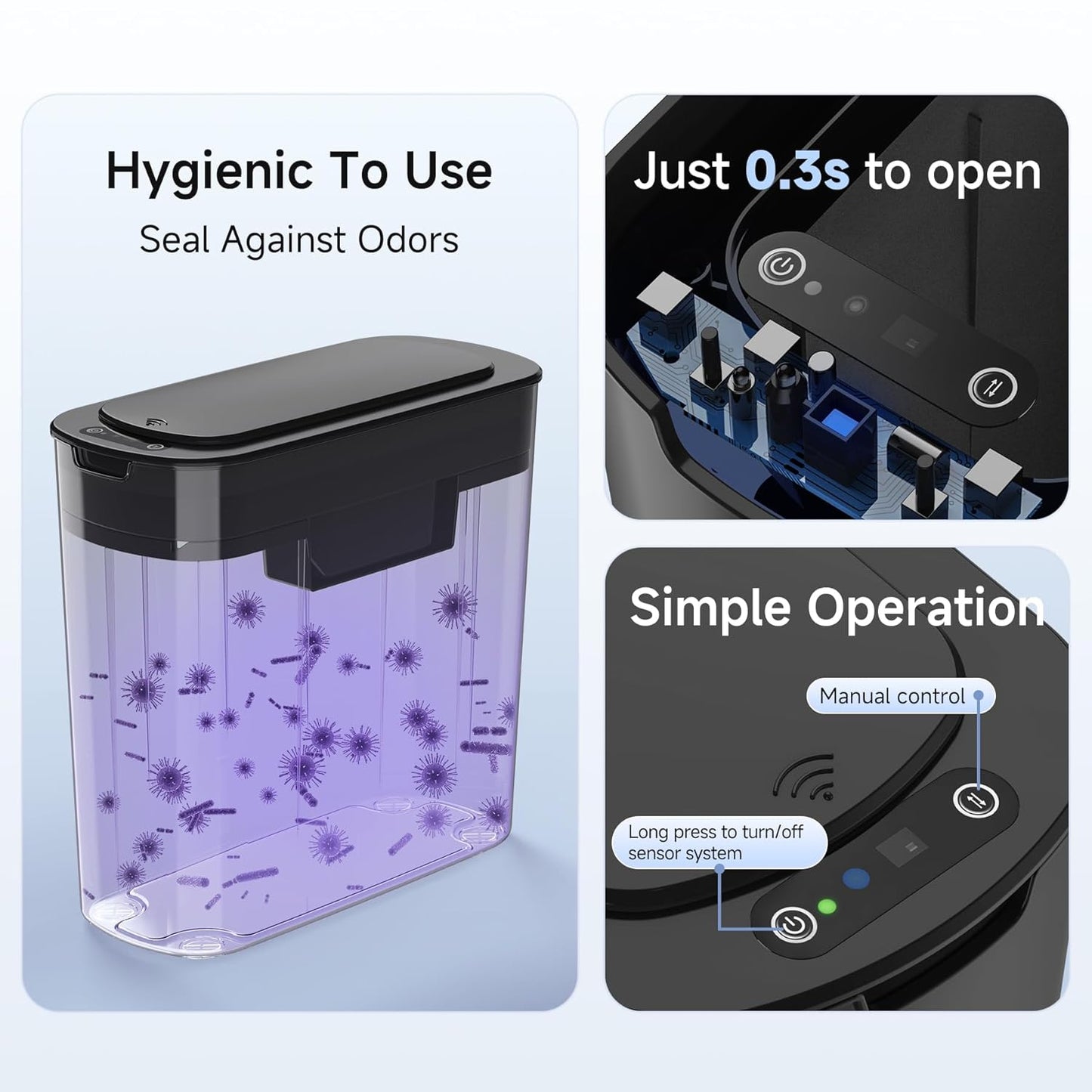 TIPGO 5 Gallon Motion Senor Bathroom Trash Can with Lid, Automatic Garbage Can Touchless, Smart Plastic Waste Basket for Narrow Spaces, Bathroom, Office, Bedroom, Living Room (Black)