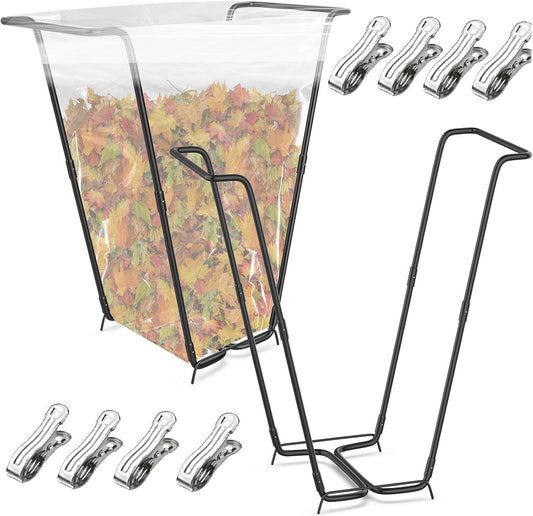 2PCS Outdoor Trash Bag Holder Metal Garden Trash Bag Holder for Yard Waste Stand Holds 30-45 Gallons Leaf Bag Holder with 4 Clips for Leaves Camping Lawn Party Weeding Yard Gardening（2pcs+8clips）