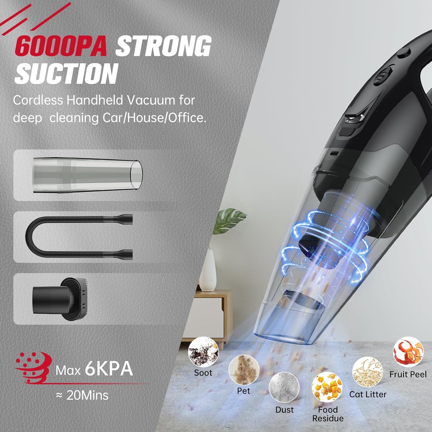 Handheld Vacuum Cordless Rechargeable, 1.65LBs Hand Held Vacuum Cordless, Car Vacuum Portable with LED, USB Charge, for Car/Home/Pet