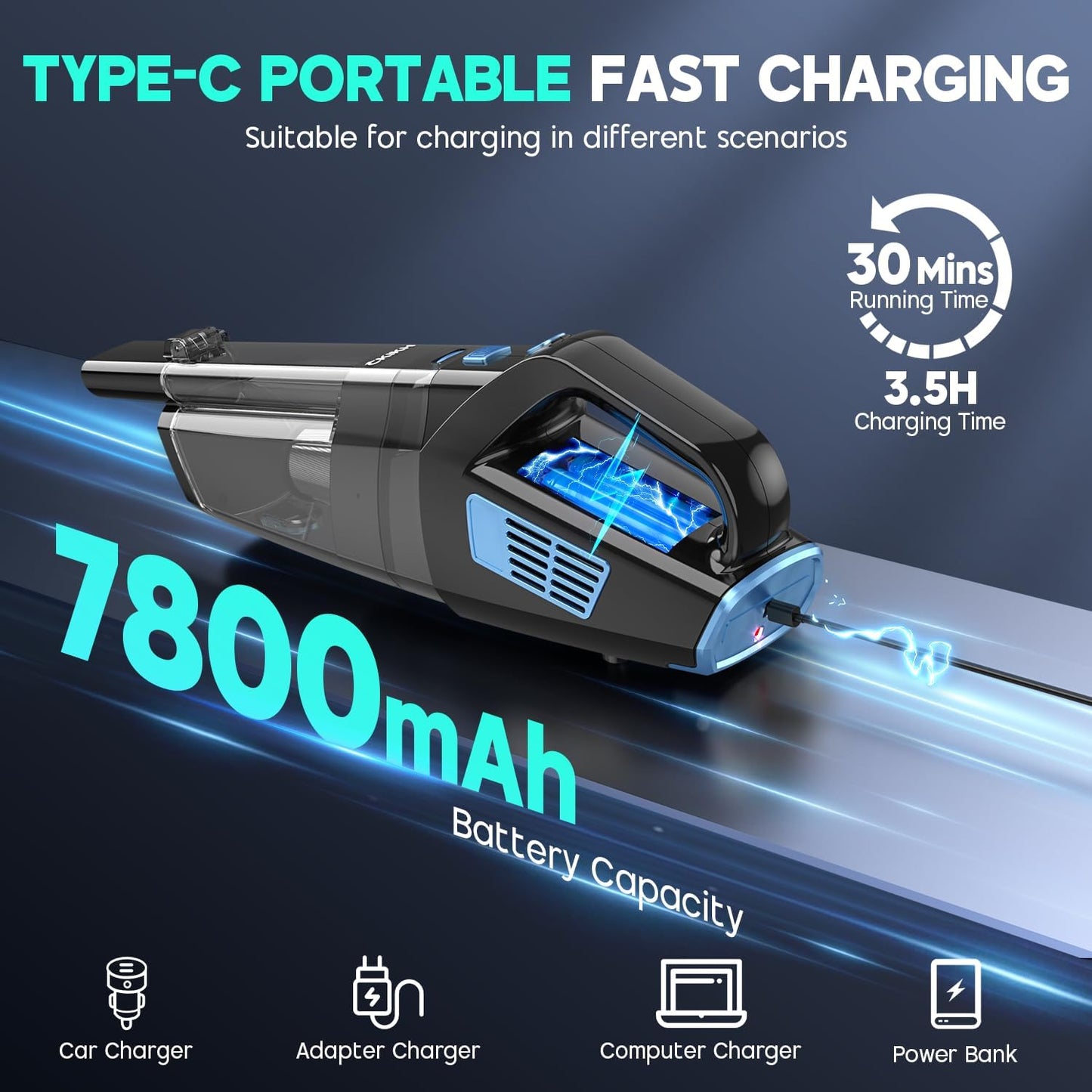 Handheld Vacuum Cordless, 15000PA Strong Suction Hand Held Car Vacuum Cleaner Portable with Multi-Nozzles & Washable Filter, Lightweight Dust Busters Rechargeable for Home, Car, Office, Pets