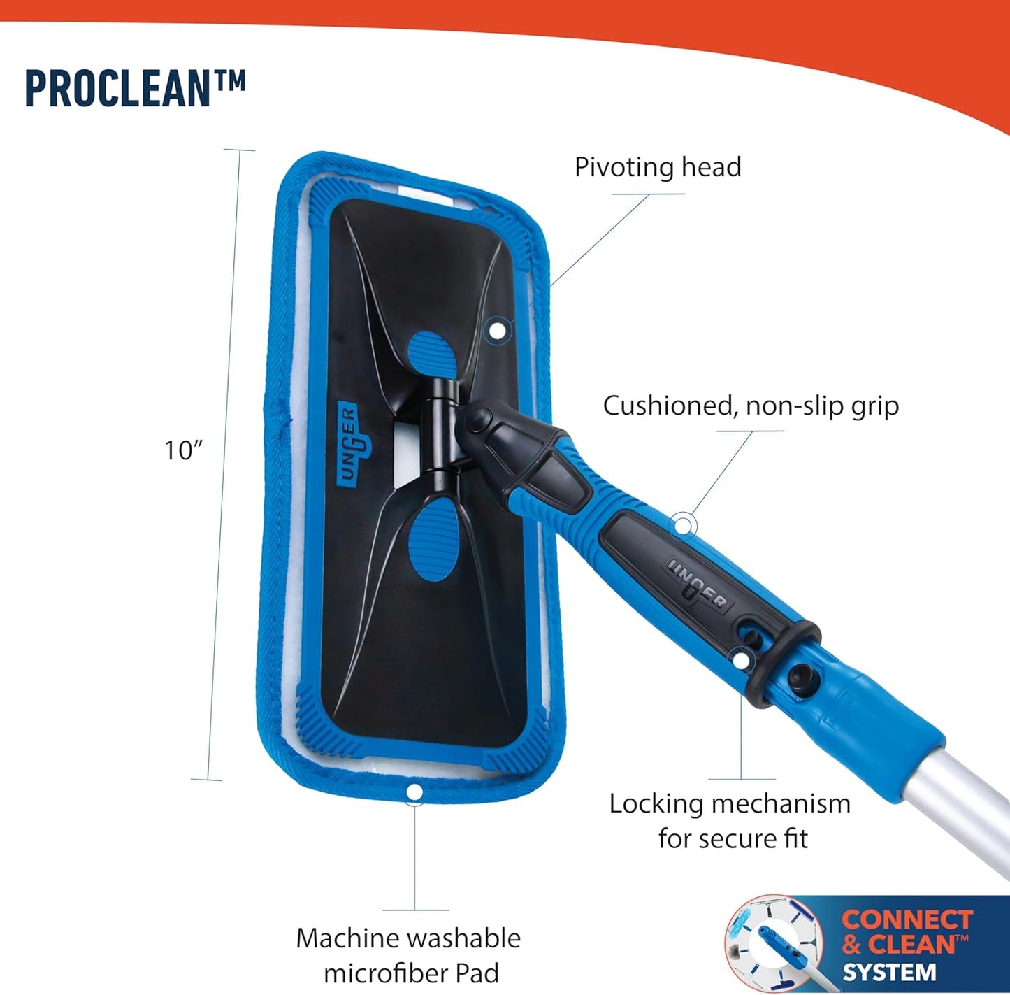 Unger Professional ProClean Indoor Window Cleaning Kit with 2’ Pole, Washing Tool with Swivel Head for Tight Corners and Edges, Streak-Free Results on Glass and Mirrors, Reusable Microfiber Pads