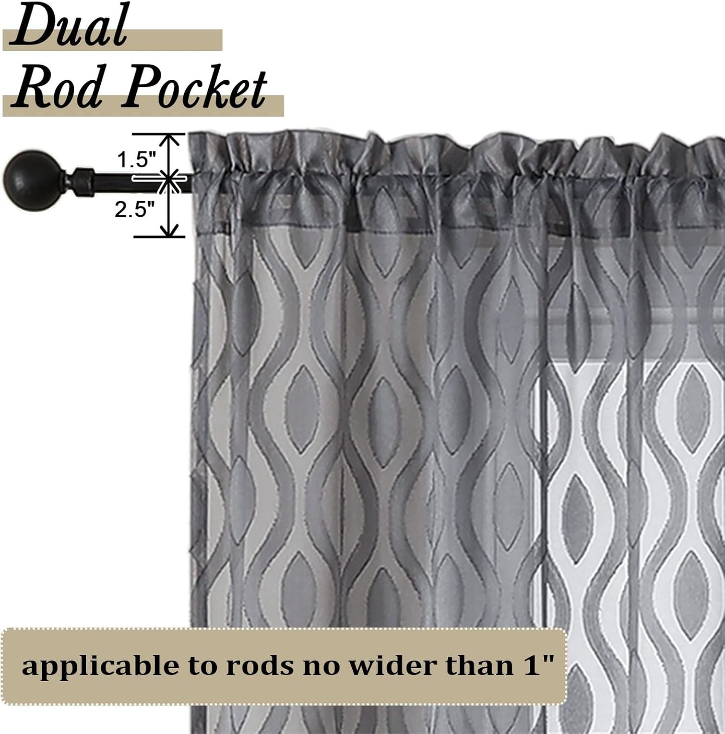 Aiyufeng Grey Valances for Windows, Clip Jacquard Chic Wavy Line Voile Sheer Curtains for Basement, Lightweight Airy Rod Pocket Short Curtains, 2 PCS, 40" Wx14" Inches