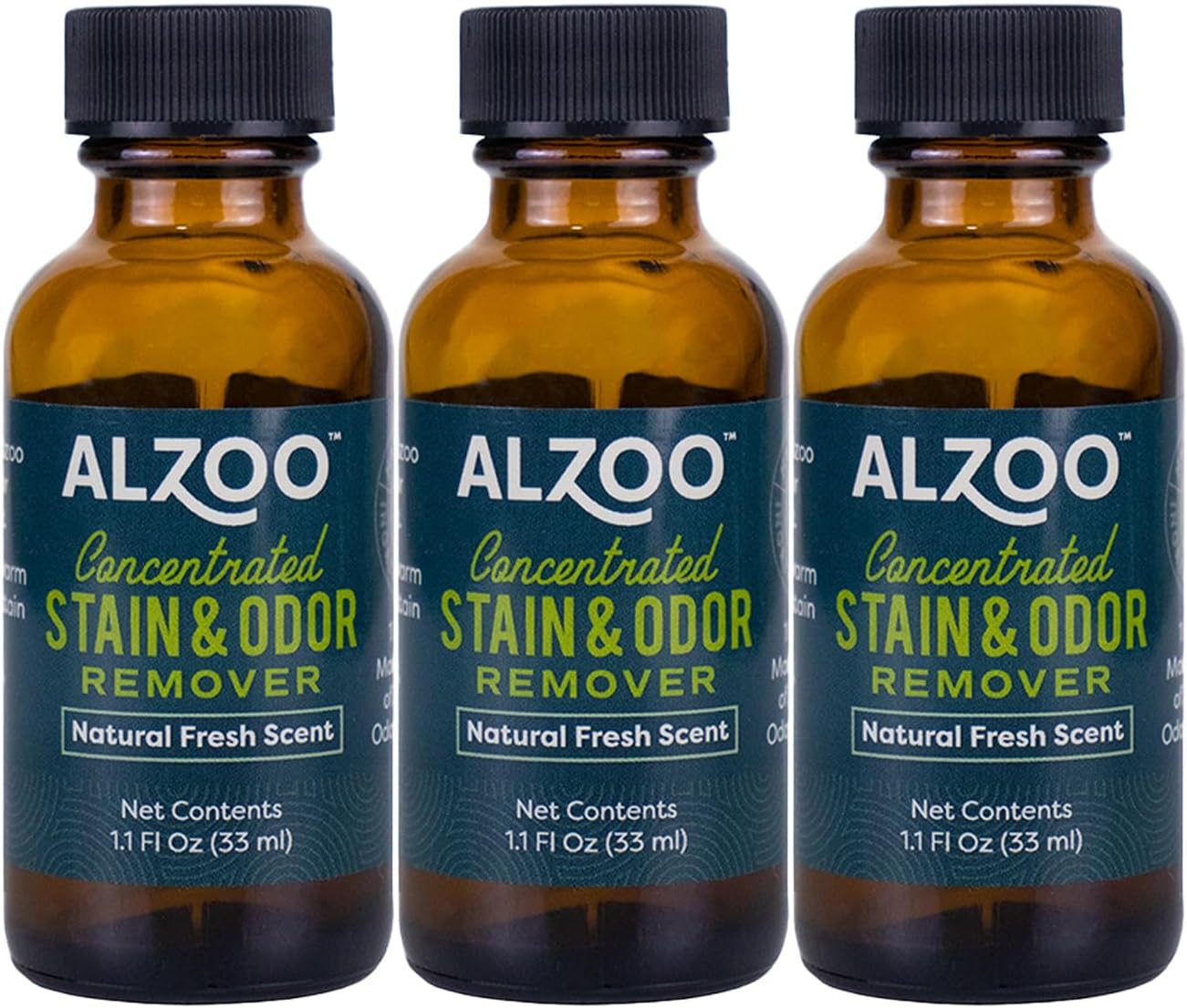 ALZOO Concentrated Stain & Odor Remover Refill Bottle, 100% Plant-Based Active Ingredients, 1.1 Fl. Oz, Pack of 3
