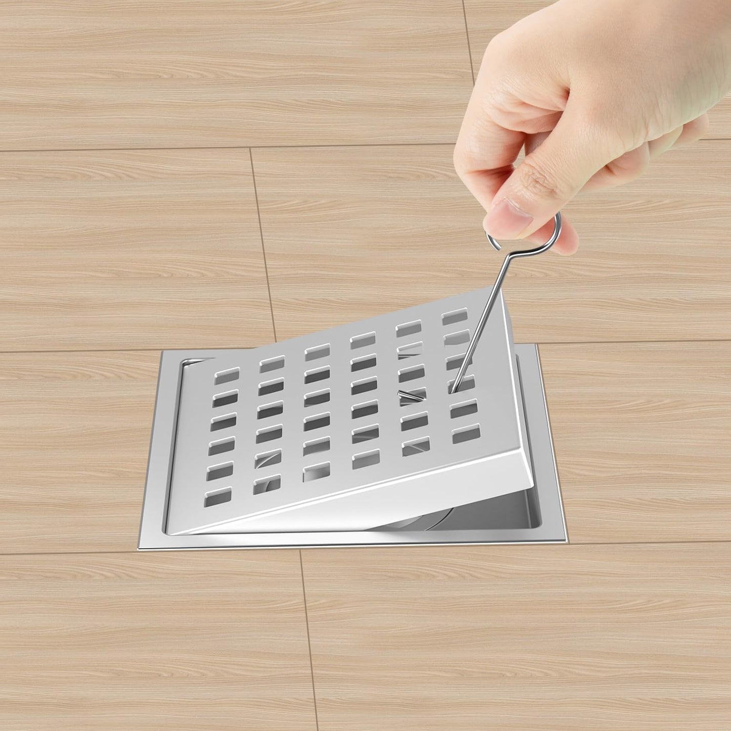 4-3/8 Inch Square Shower Drain Chrome, Bathroom Floor Drain, Stainless Steel Drain Kit with ABS Flange, Removable Grid Cover, Hair Strainer