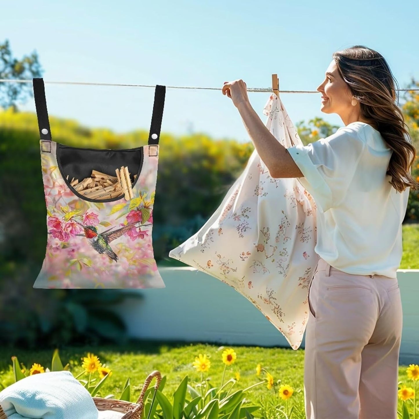 Hummingbird Clothespin Bag with Hanging Rope Cherry Blossom 14.5 x 12 Inch Summer Waterproof Laundry Clothes Pin Holder Clothespin Storage Organizer with Large Opening