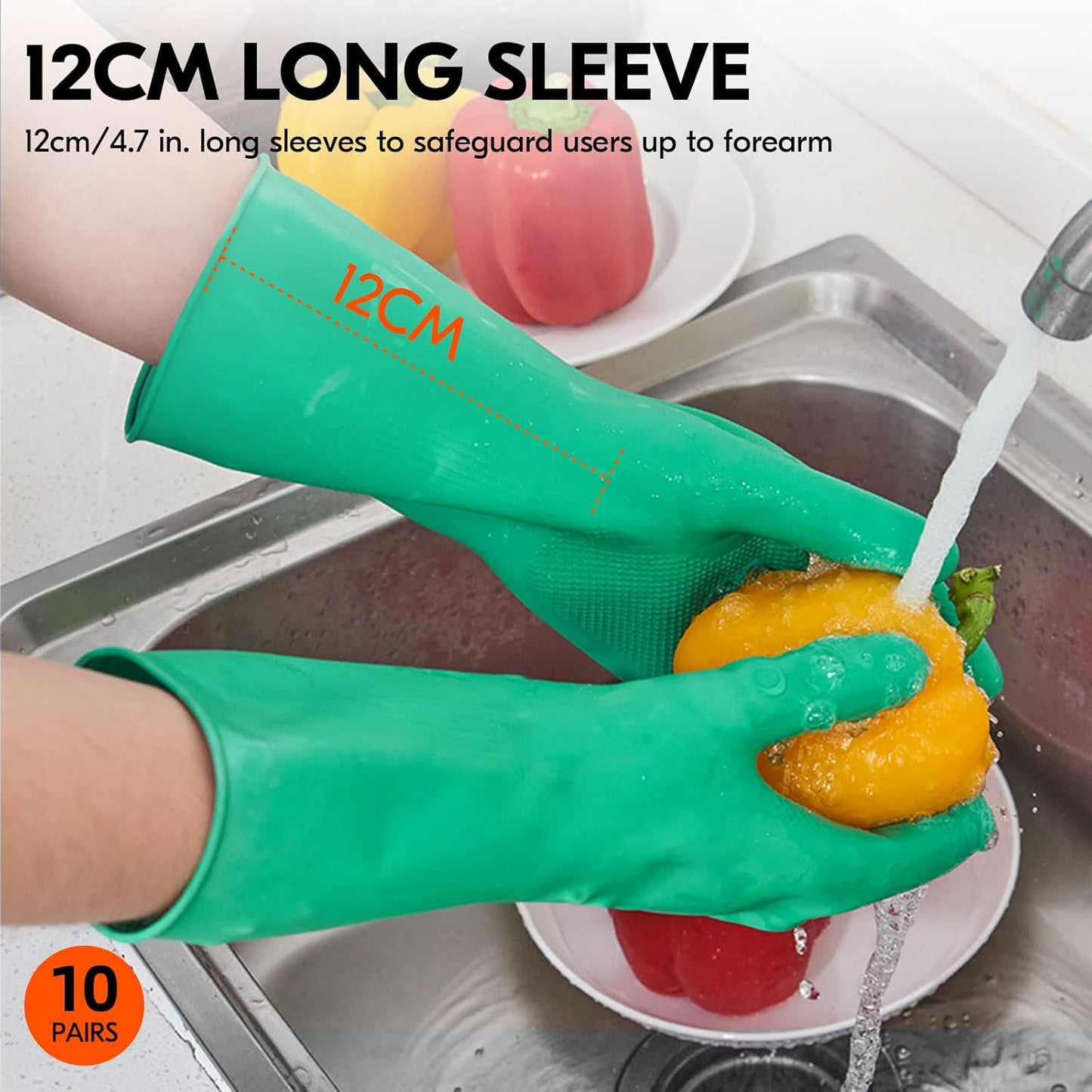 Vgo... 10-Pairs Reusable Household Gloves, Rubber Dishwashing gloves, Extra Thickness, Long Sleeves, Kitchen Cleaning, Working, Painting, Gardening, Pet Care (Size XL, Green, HH4601)