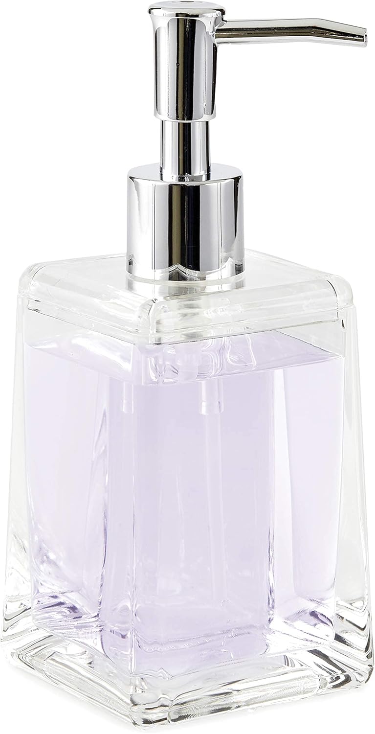 Huang Acrylic Clear Square Tapered Soap Dispenser Crystal Clear Acrylic | Sturdy and Elegant Construction Makes it Perfect for Kitchen or Bathroom | Shatter-Proof, Durable and Compact Design