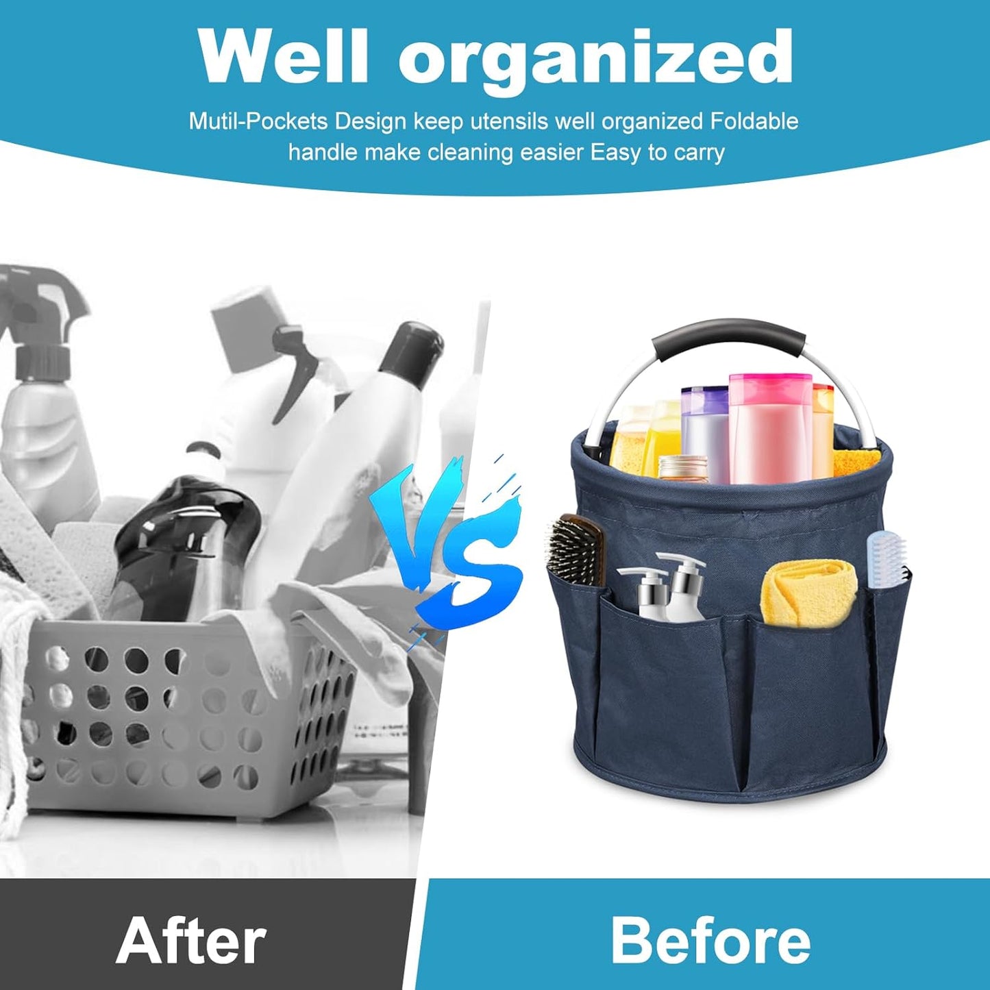 Qivine 17L Cleaning Caddy with Handle, Cleaning Supply Caddy Foldable Tool Bag Cleaning Products Organizers Portable Cleaning Bucket Organiser for Storing Towels(Blue)