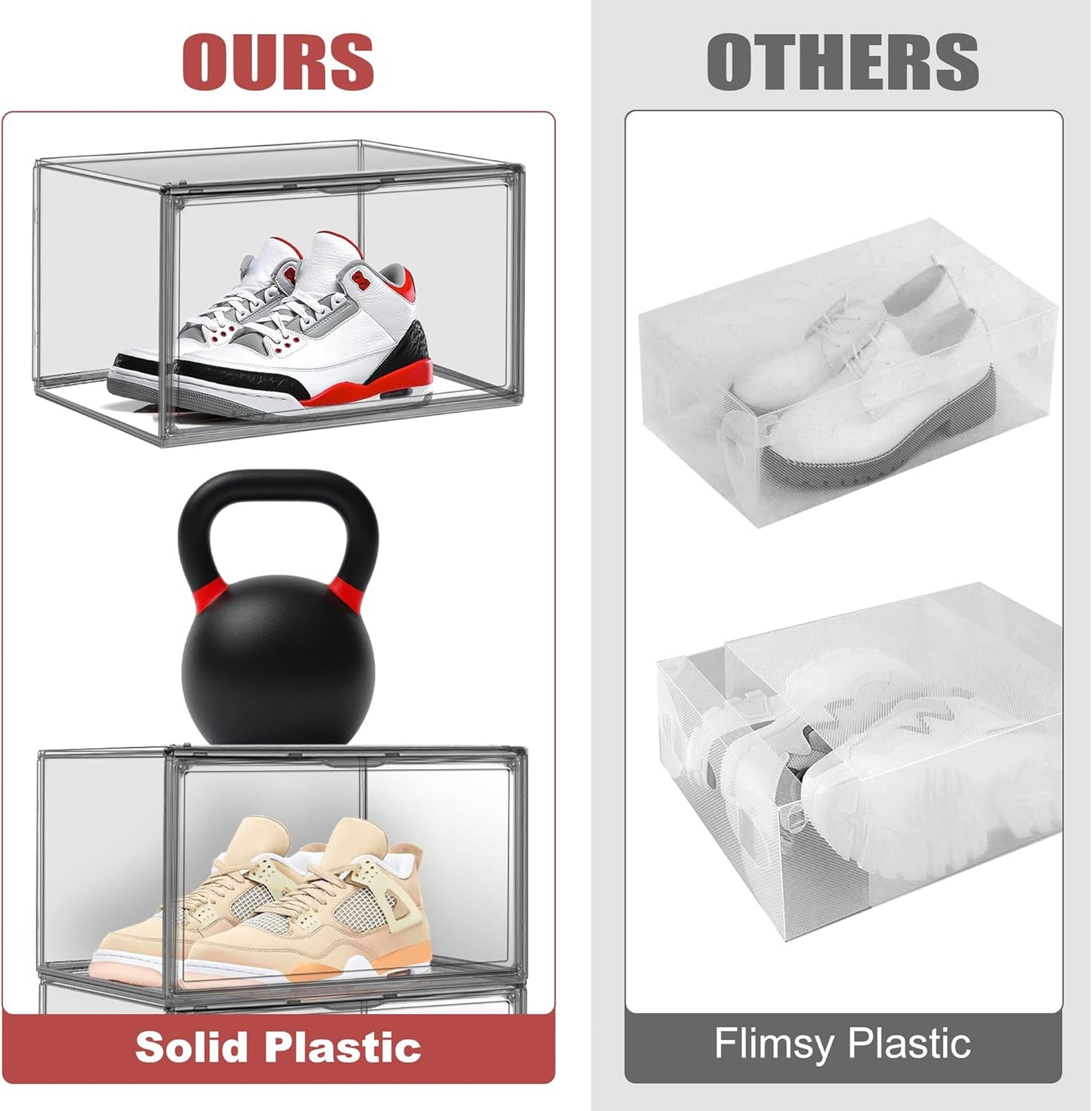 4 Pack Grey Shoe Storage Boxes Clear Plastic Stackable Shoe Display Case with Magnetic Door, Easy Assembly Fit up to US Size 13