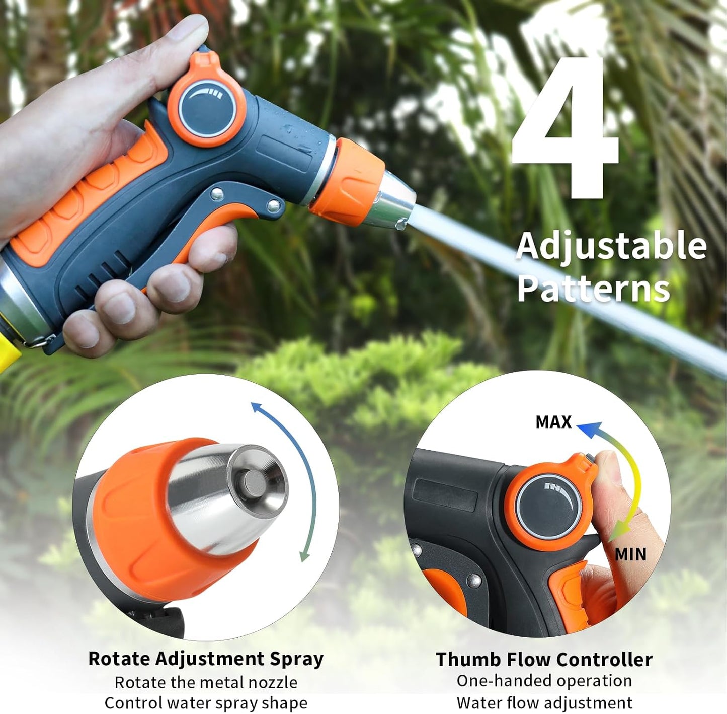 Garden Hose Nozzle Sprayer, Water Hose Sprayer Nozzle with 4 Spray Patterns, Water Flow Thumb Control, Labor-saving Buckle & Front Trigger, for Watering Plants & Lawns,Washing Cars and Pets