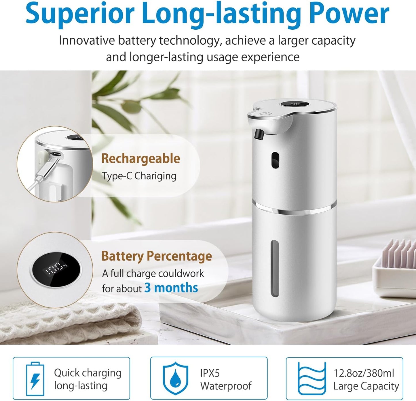 Automatic Liquid Soap Dispenser 12.8oz, Rechargeable & 6 Levels Soap Adjustable with Digital Display, Wall Mount, Waterproof, Touchless Hand/Dish Soap Dispenser for Kitchen, Bathroom, Hotel