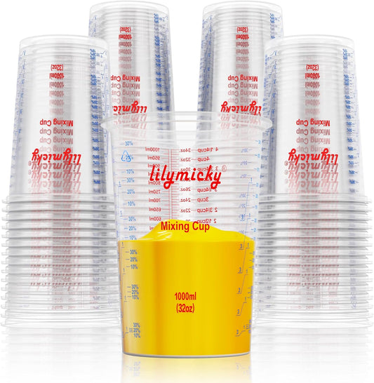 50 PACK Plastic Measuring Cups, 32 oz (1000ml) Disposable Mixing Cups, Measurement ratios: 2:1, 3:1, 4:1, Perfect for Epoxy Resin, Paint Mixing, Art DIY
