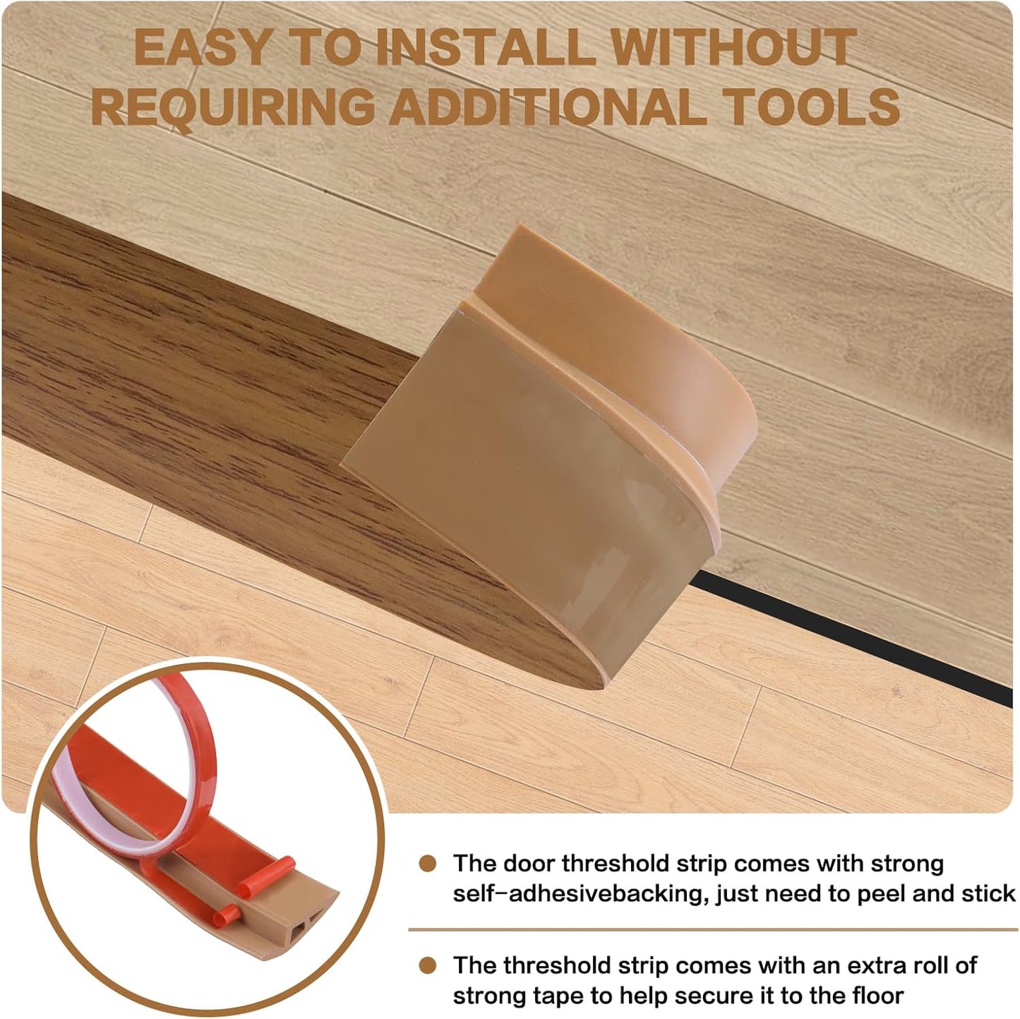 Floor Transition Strip Vinyl Door Threshold Ramp Self Adhesive Carpet Edging Strip Doorway Edge Trim, Overlap Edge Reducer for Laminate Carpet, Floor, Tile (Orange Oak, 1/5" to 2/5", 6.6Ft)