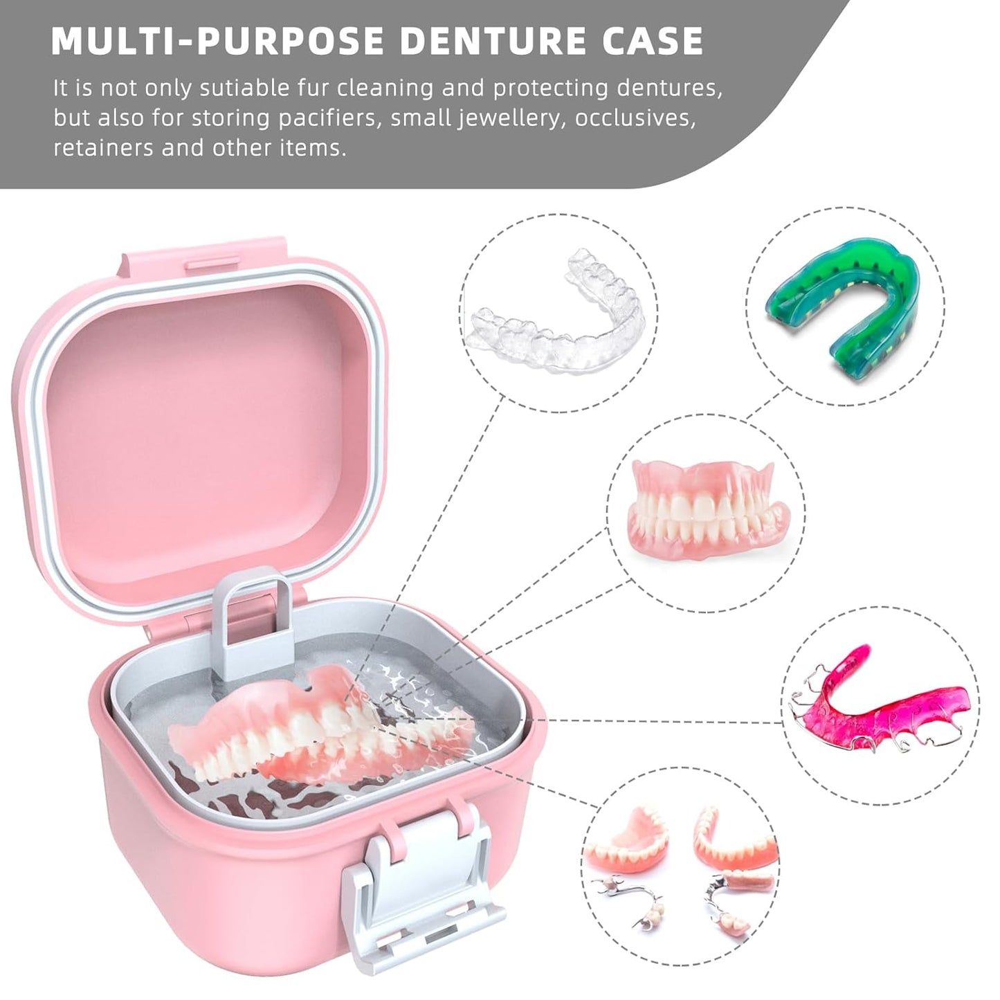 ARGOMAX Leak Proof Denture Bath Cup, Portable Soaking Denture Box, Denture Bath Case with Strainer, for Dentures and Braces (Pink + White).