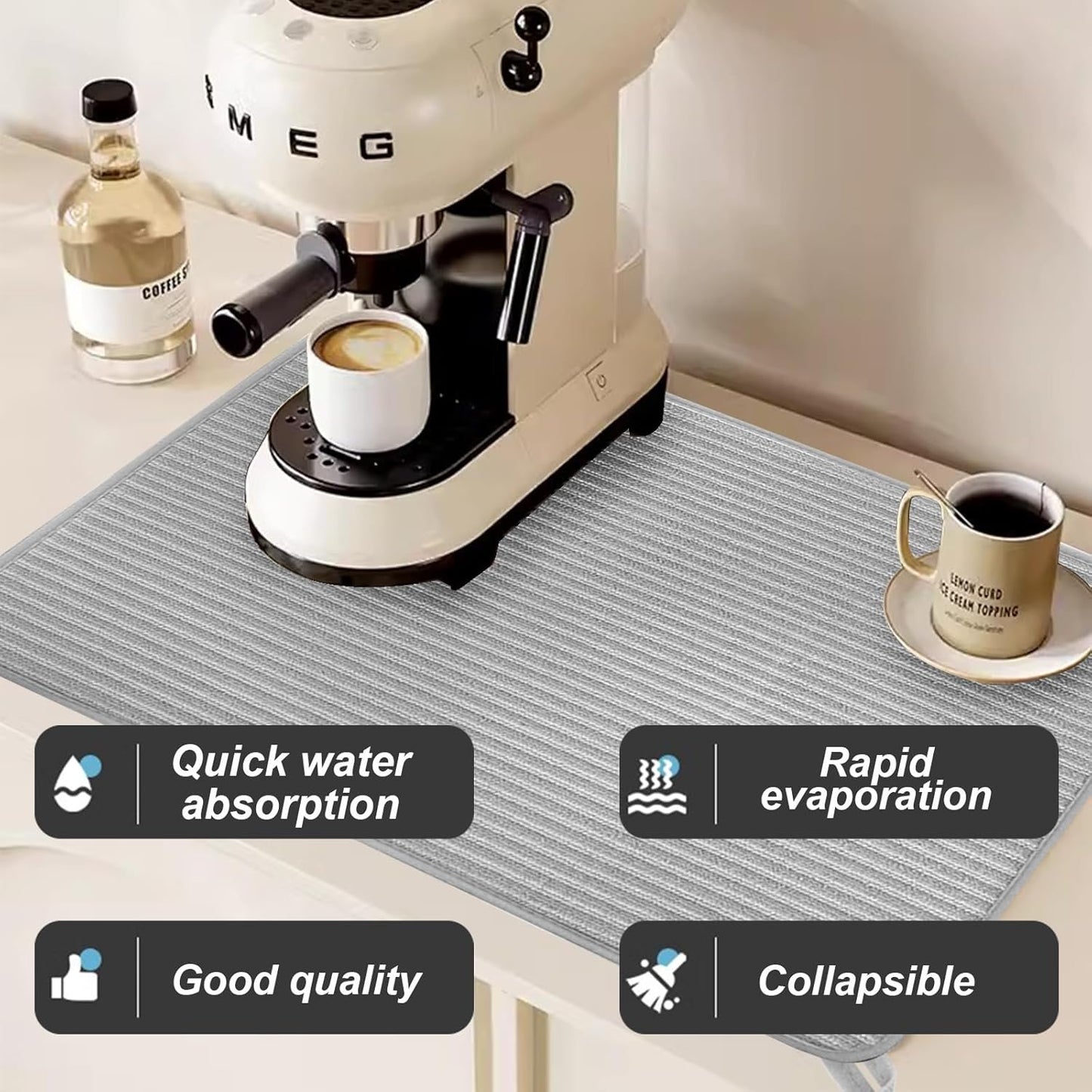 2 Pack Large Dish Drying Mat for Kitchen Counter,24*17 inch Microfiber Absorbent Dish Drainer,Large Size Dish Drying Pad for Countertops,Draining Racks,Sinks(Gray)