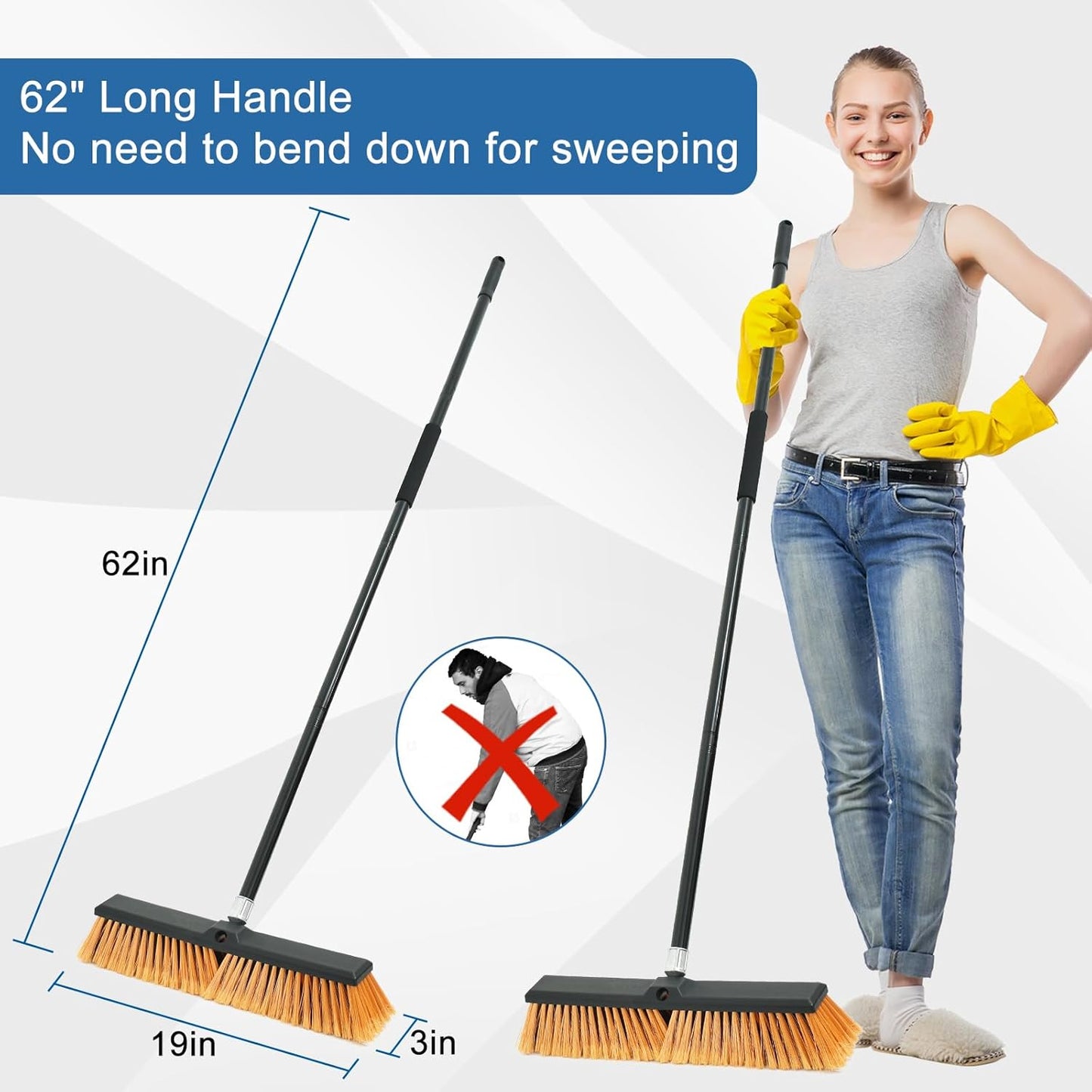 PBHEPJ 18 Inchs Push Broom Outdoor Heavy Duty, Shop Broom with 60" Long Bandle for Cleaning Outdoor or Indoor Tile, Garage, Shop, Deck, Concrete, Wood, Stone, Patio Floor, 2 Pack