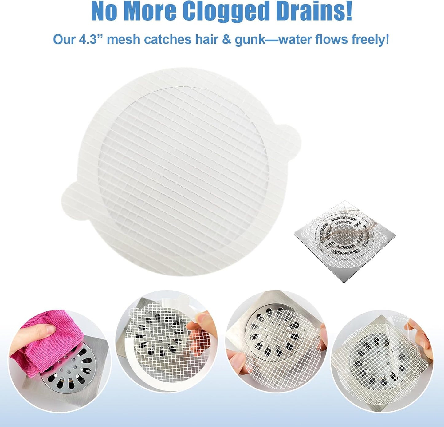 60 Pack Disposable Shower Drain Hair Catcher Hair Trap Drain Covers 4.4” Extra-Wide Mesh Hair Catcher for Shower, Sink, Laundry & Bathtub