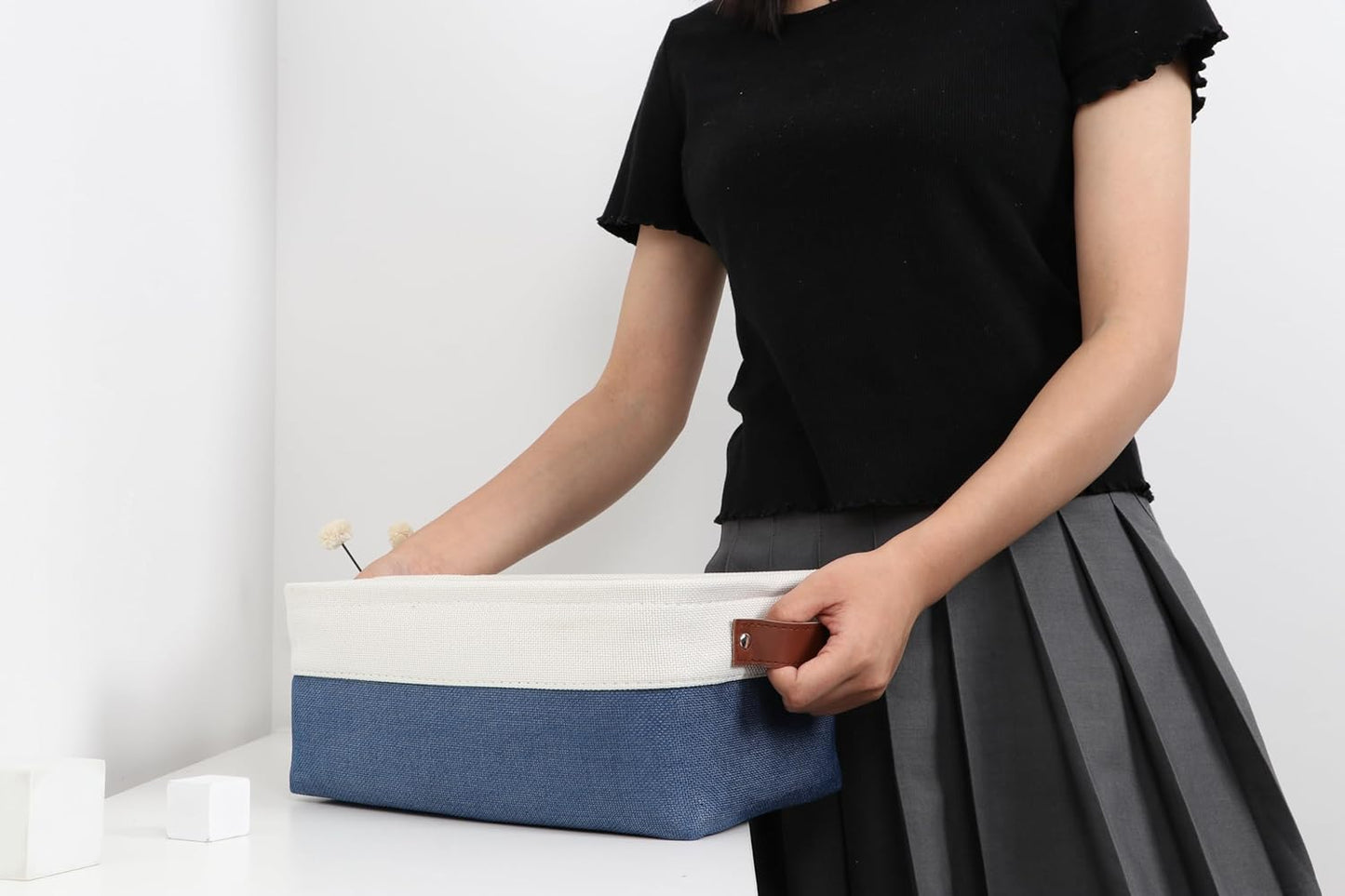 DULLEMELO Small Storage Bin,Small Fabric Rectangular Storage Basket for Shelves,Collapsible Bin for Toy and Clothes Storage (White&Blue,1 Pack)