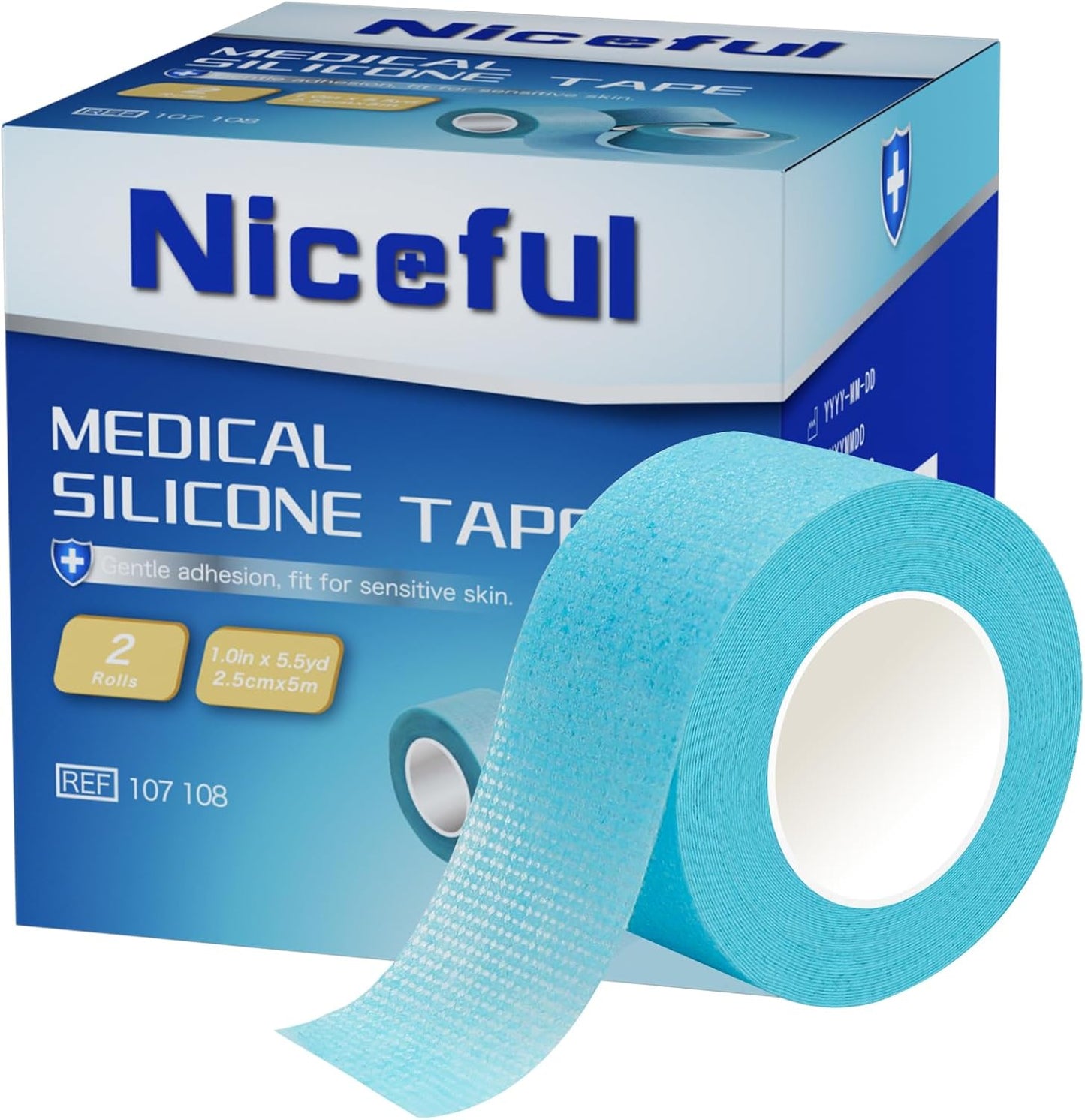 2 Rolls Silicone Medical Tape for Wound Care - Surgical Tape for Secures Dressings and Gauze, Blue Waterproof Medical Tape for Sensitive Skin （1" x 5.5 Yard）