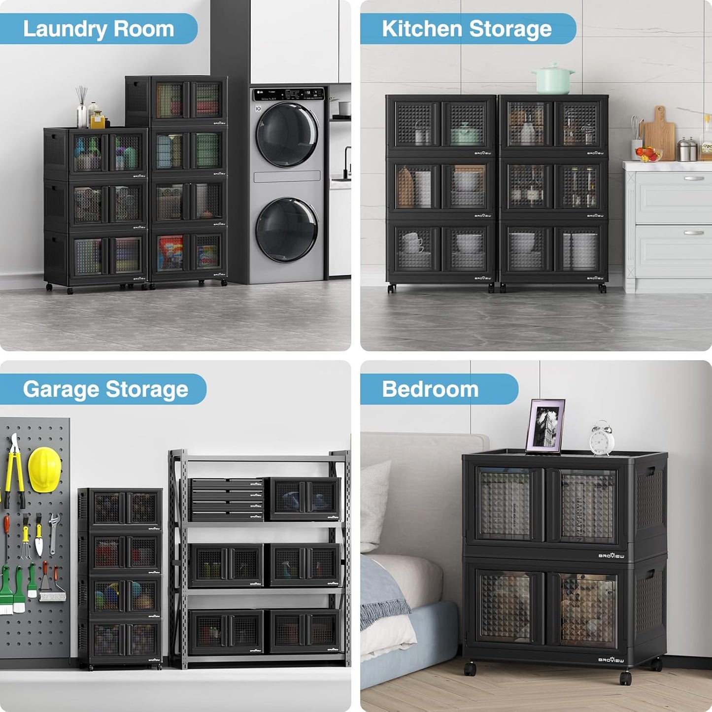 BROVIEW 100 Qt Stackable Storage Bin with Lid & Doors, 1 Pack Plastic Closet Organizer and Storage Drawer with Wheels, Large Collapsible Storage Box, Cabinet for Home, Office, V10, Black