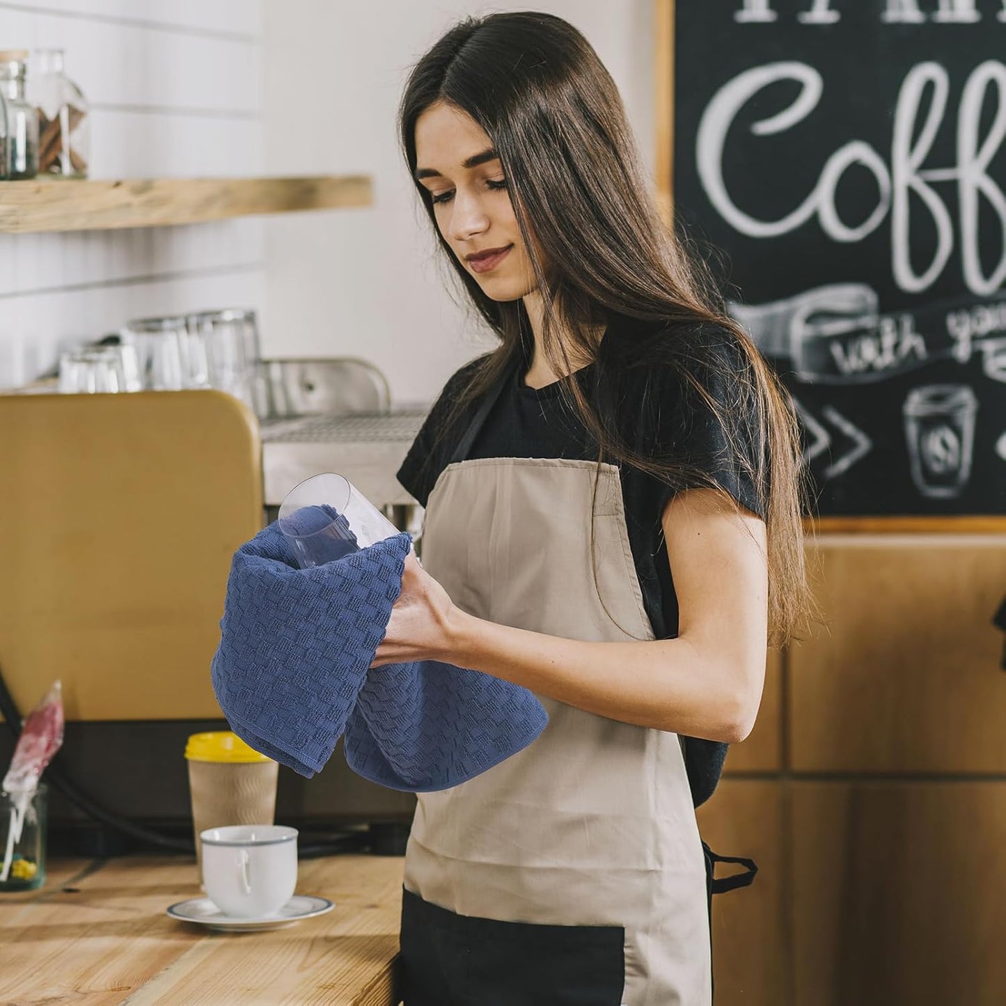 Fintale 100% Cotton Kitchen Towels and Dishcloths Set, 12 x 12 & 15 x 25 Inches, Set of 8 Bulk Super Soft and Absorbent Terry Cloth Dish Towels, Quick Drying Hand Towels with Hanging Loop, Navy Blue