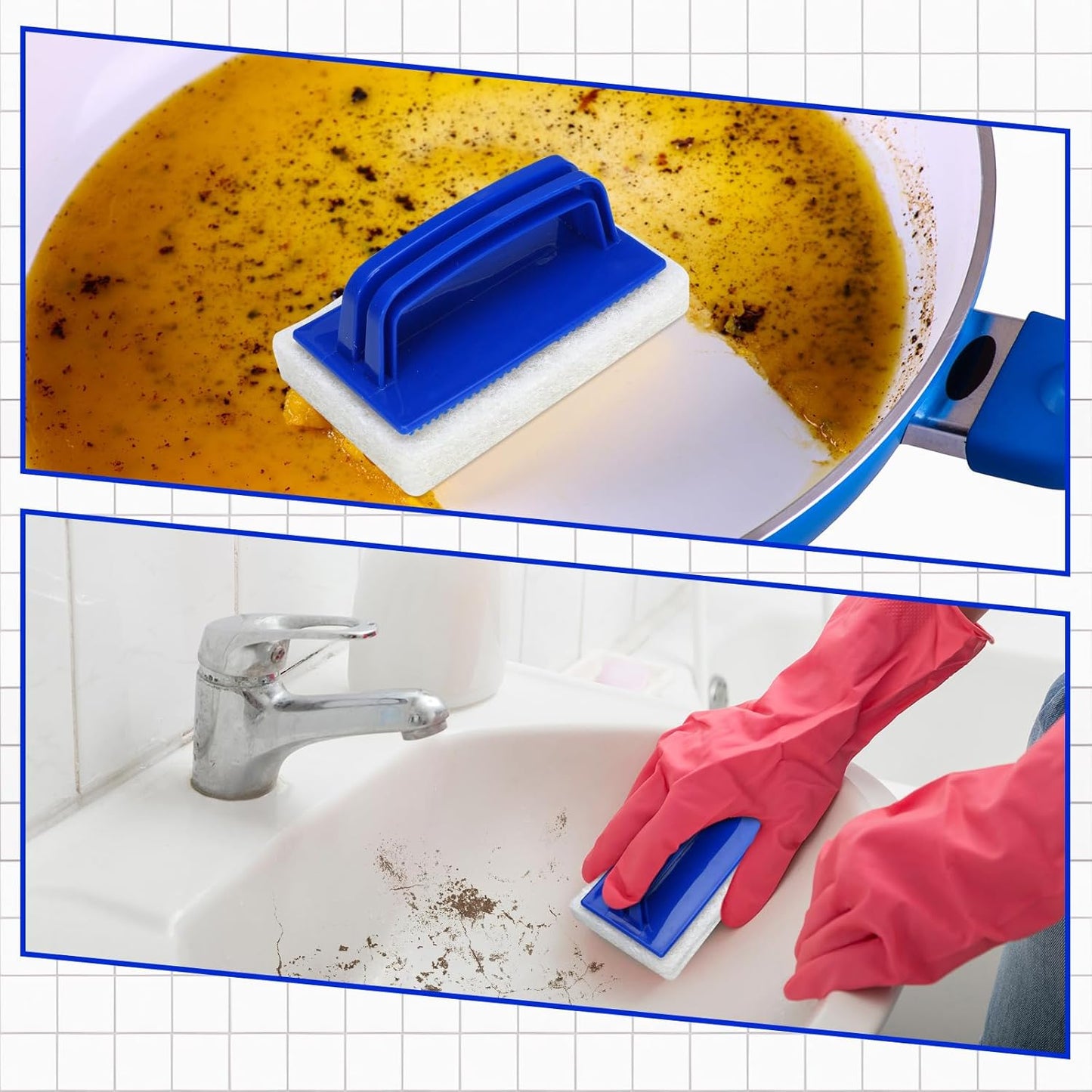 18 Pcs Handled Bath Scrubber Set, 15 Bathroom Scouring Pad 3 Bathtub Scrubber with Handle Non Scratch Soap Scum Remover for Cleaning Sink Shower Tile Swimming Pool Step and Corners(Blue and White)