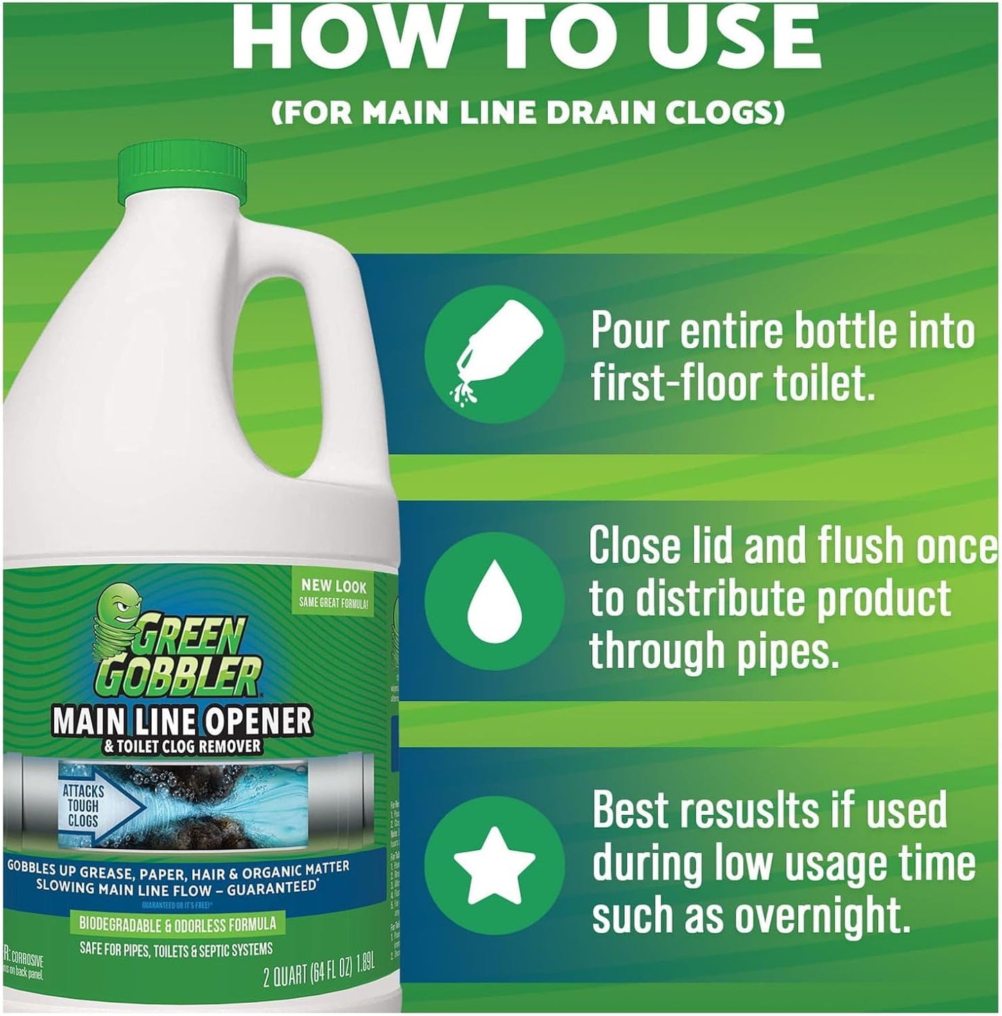 Green Gobbler Ultimate Main Drain Opener | Drain cleaner Hair Clog Remover | Works On Main Lines, Sinks, Tubs, Toilets, Showers, Kitchen Sinks | 64 fl. oz.