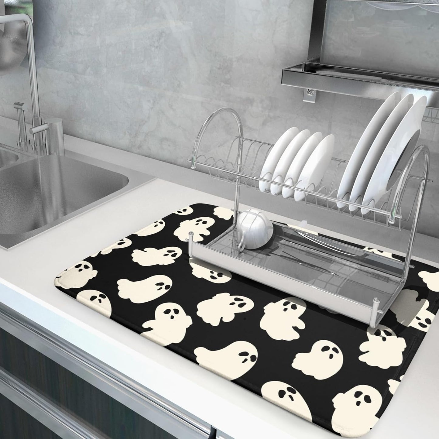 Halloween Ghosts Dish Drying Mat for Kitchen Counter Halloween Cute Ghost Drying Dish Mat 18”x24” Absorbent Microfiber Reversible Kithchen Mats for Countertop Fast Dry Dish Draining Mats for Halloween