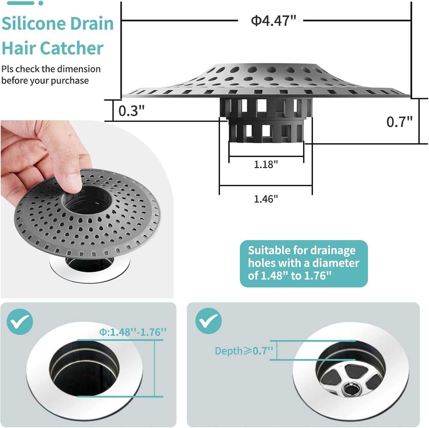 Bathtub Drain Hair Catcher,Silicone Tub Hair Catcher Drain Protector,All-in-one Shower Hair Drain Catcher Strainer for 1.48'' to 1.76'' Regular Drains, 3PCS