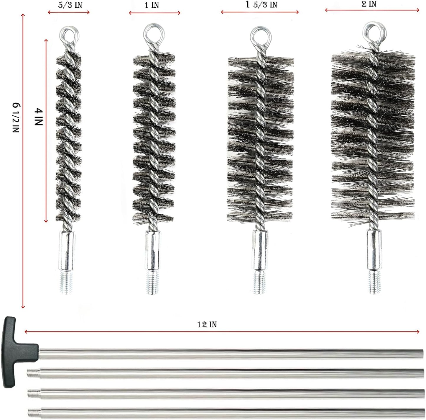 50 in Pipe Cleaning Brush Set with Stainless Steel Bristles, Wire Brush with 4pcs Galvanized Rod, Stainless Steel Pipe Brush 4pcs for Auto Parts, Bottles, Tubes. (3/5, 1, 1 3/5, 2 in Brush Heads)