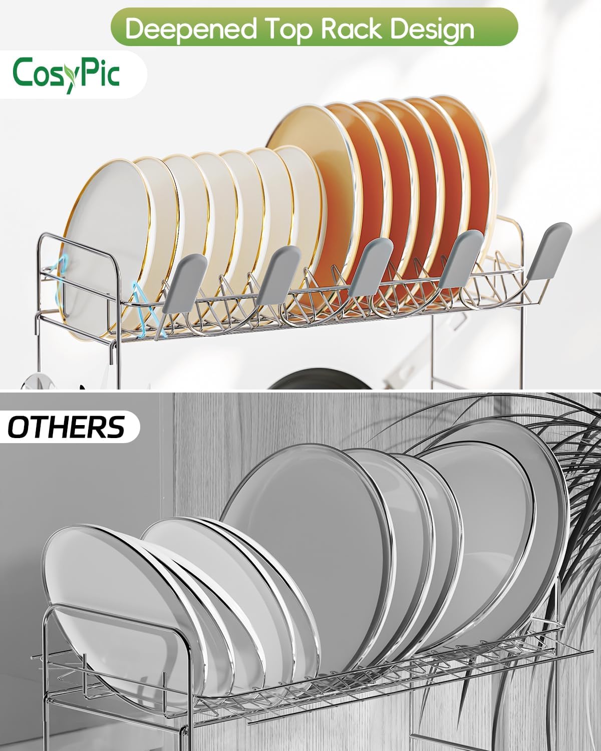 2 Tier Dish Drying Rack, Thicker Premium 304 Stainless Steel Dish Racks for Kitchen Counter, Automatic Drainage Spout, Dish Drainer & Drainboard Set with Utensil Holder and Cup Holder, Grey