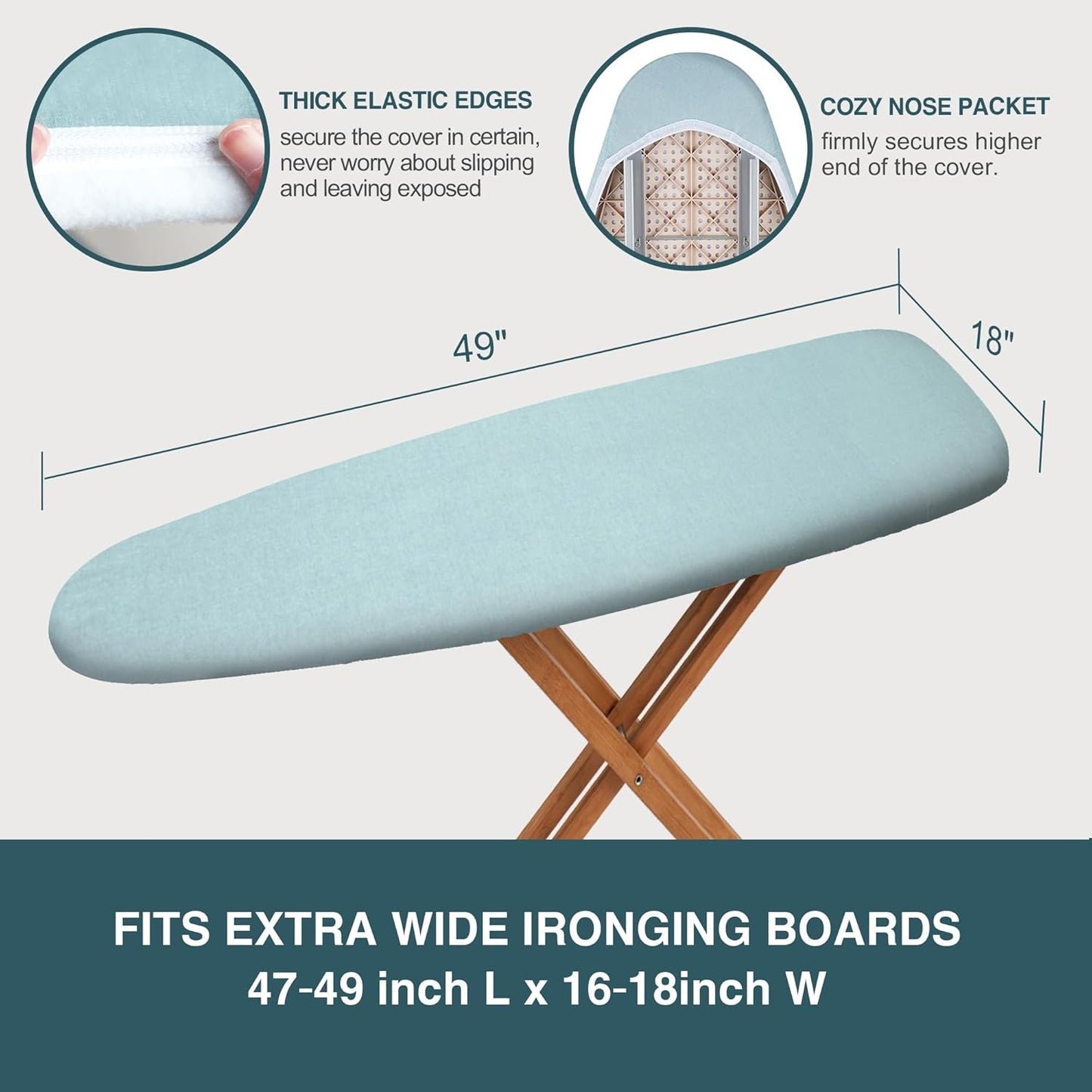 Extra Wide Ironing Board Cover and Pad,18X49 Reflective Silicone Ironing Board Cover, Resist Scorching and Staining,4 Fasteners, Elastic Edges, Protective Scorch Mesh Cloth,18X49in Blue