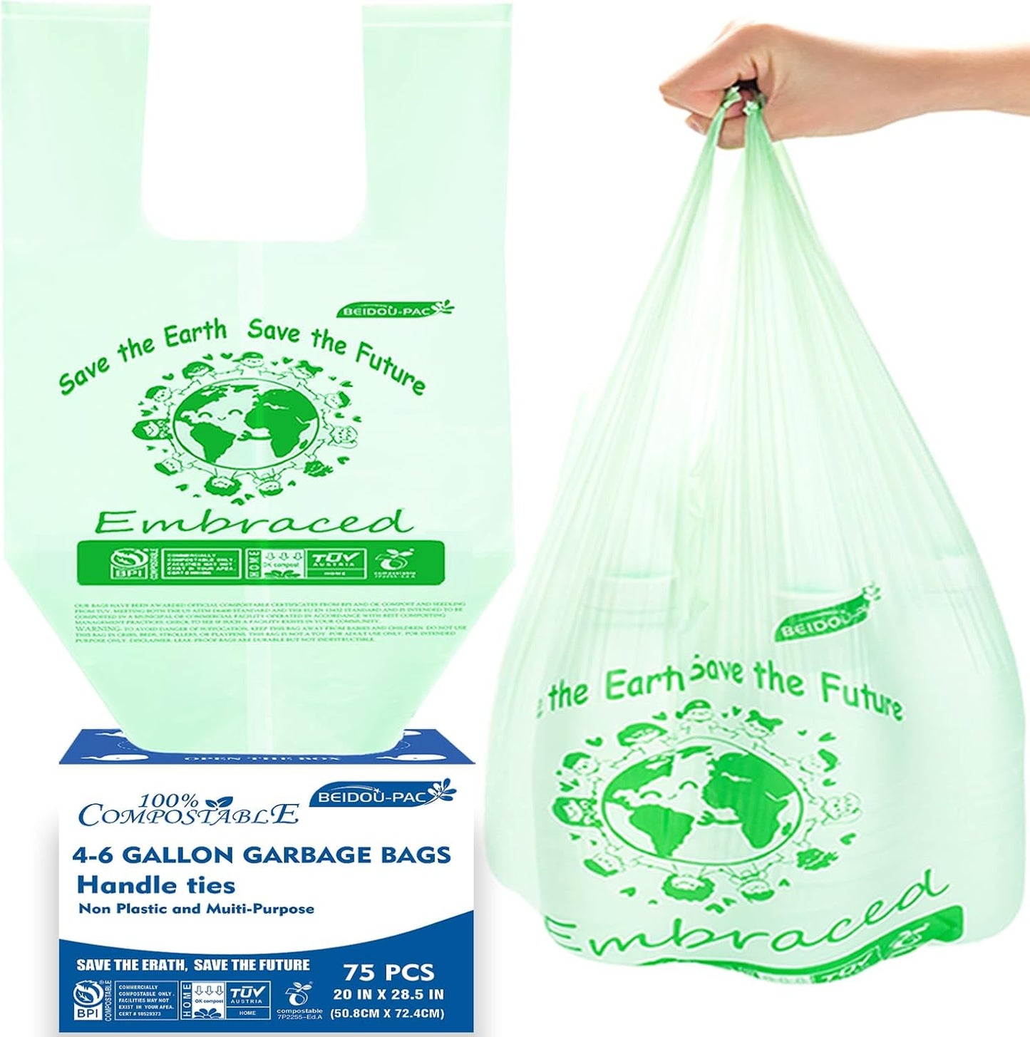 4-6 Gallon Compostable Trash Bags, 75 Count, Kitchen Compost Bags With Handle, Sturdy Biodegradable Garbage for Food Scrap Waste, ASTM D6400, US BPI Certified