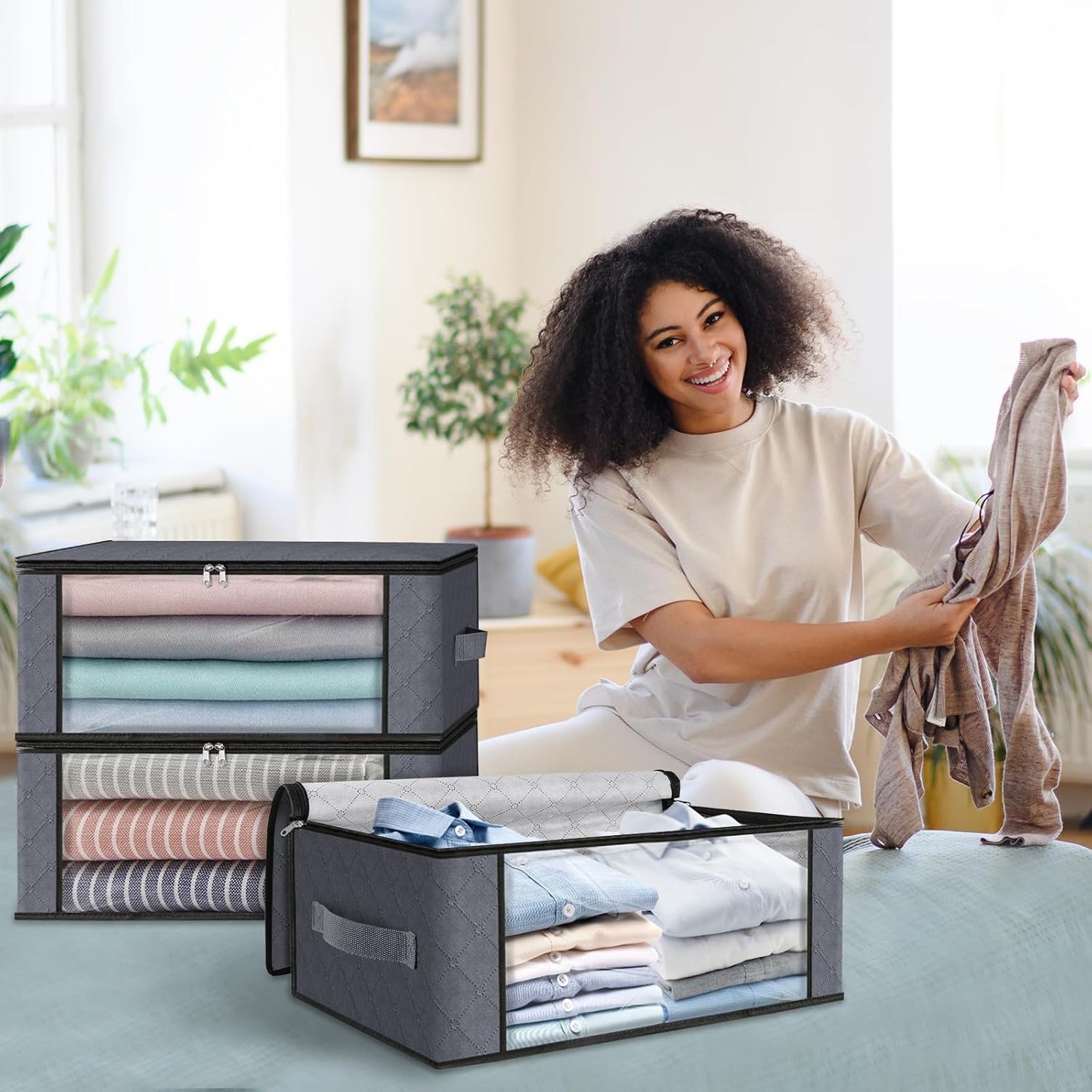 HomeHacks Storage 8-Pack Clothes Organizer Storage Bags Foldable Storage Box with Large Clear Window Sturdy Handles for Closet, Dorm, Pillows, Bedding, Clothes, Blankets, 35L, Grey