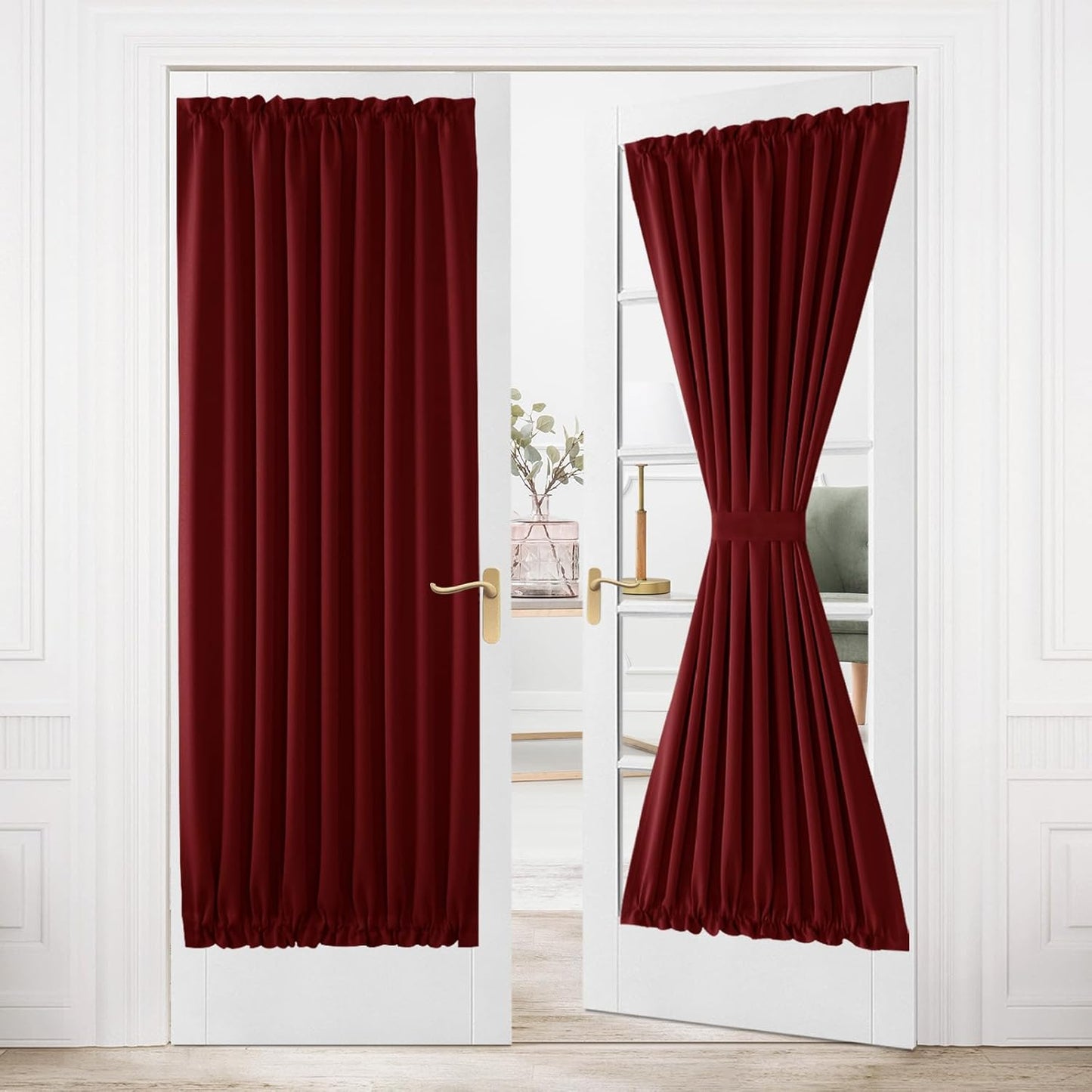 DWCN French Door Curtains – Rod Pocket Thermal Blackout Curtain for Doors with Glass Window, Kitchen and Patio Doors for Privacy, 54 X 80 Inches Long, 1 Curtain Panel with Tieback, Burgundy