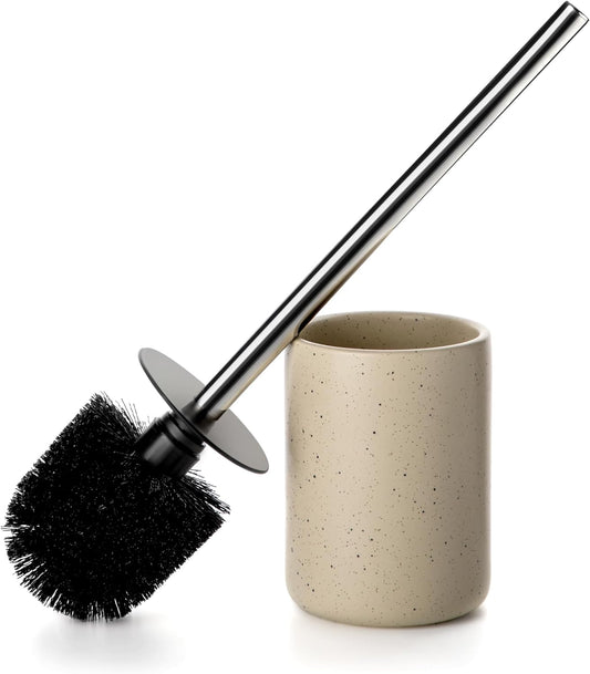 Ceramic Toilet Brush & Holder Set - Freestanding Deep-Cleaning Toilet Bowl Cleaner Brush, Stainless Steel Handle, Small & Sturdy for Storage, Easy to Clean, Non-Scratching