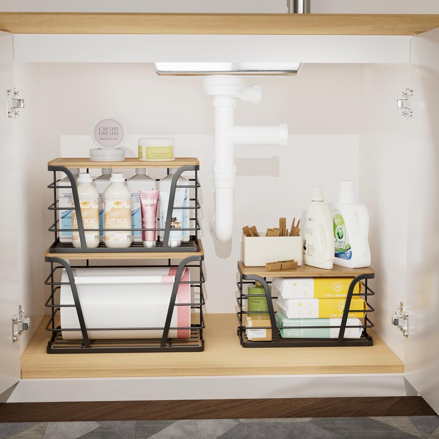 3 Pack Stackable Pantry Organizer, Trash Bag Dispenser Under Sink, Kitchen Organization and Storage, Kitchen Counter Organizer, Black