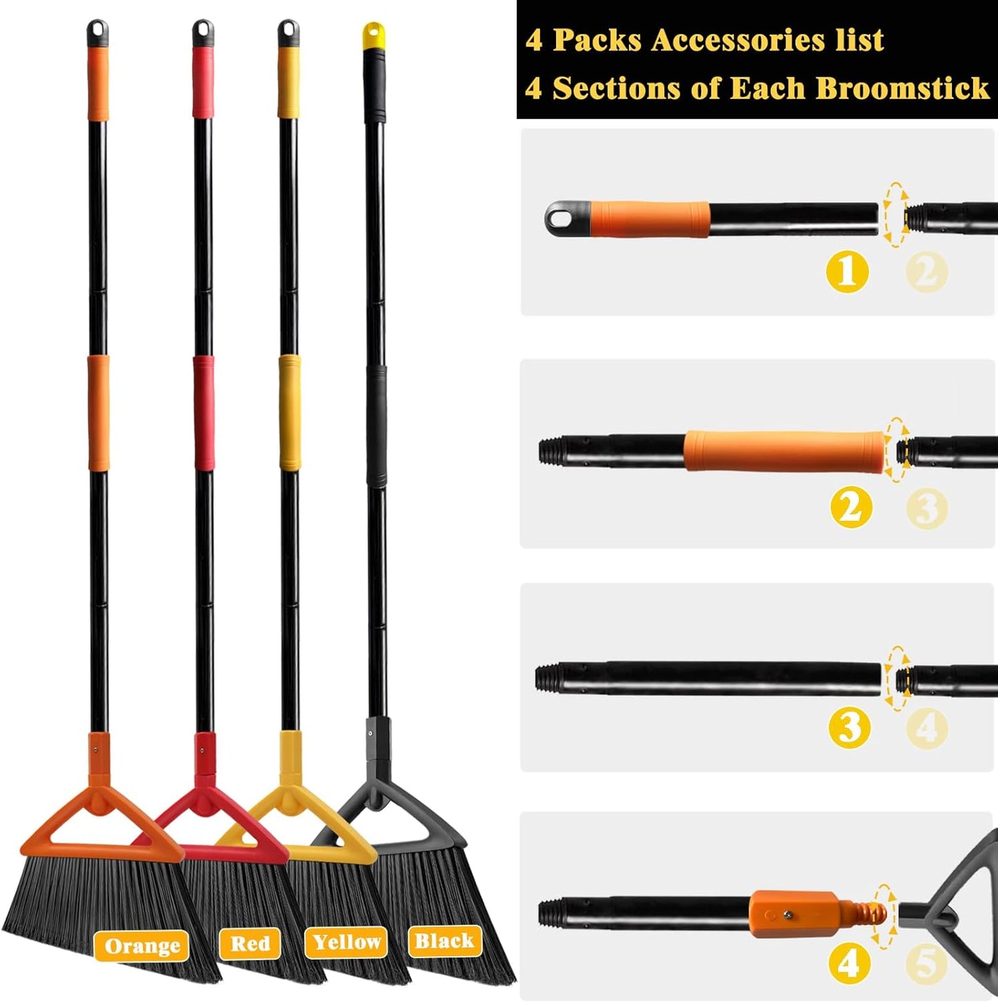 Outdoor Indoor Broom Heavy Duty,4 Pack Commercial Angle Broom,Ideal of House,Kitchen,Garage and Courtyard,Restaurant