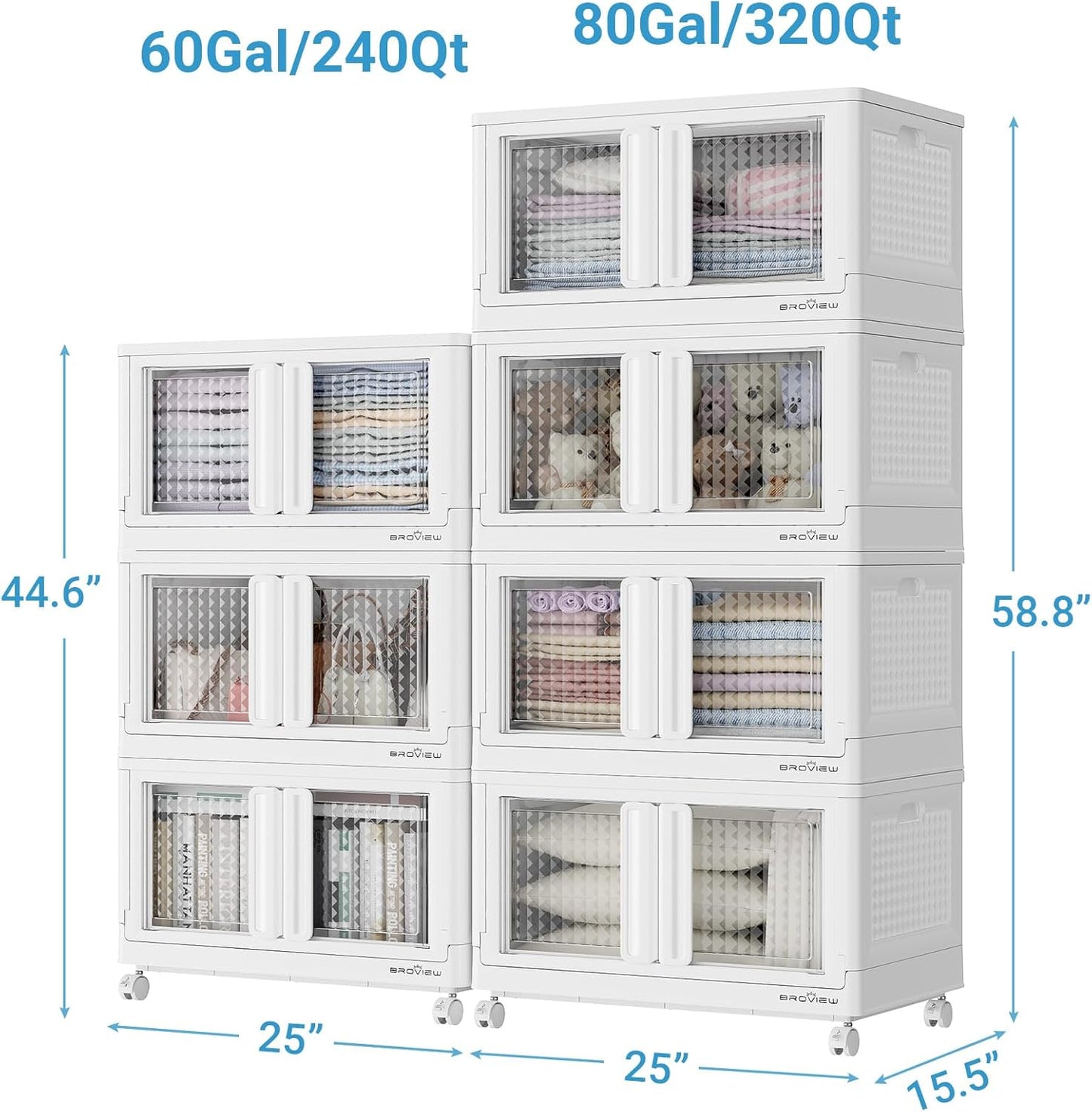 BROVIEW 140Gal Stackable Storage Bins with Lids & Wheels, 560Qt Plastic Collapsible Closet Organizer and Storage Drawers, Storage Boxes Cabinets for Home, Office, 7 Pack, White