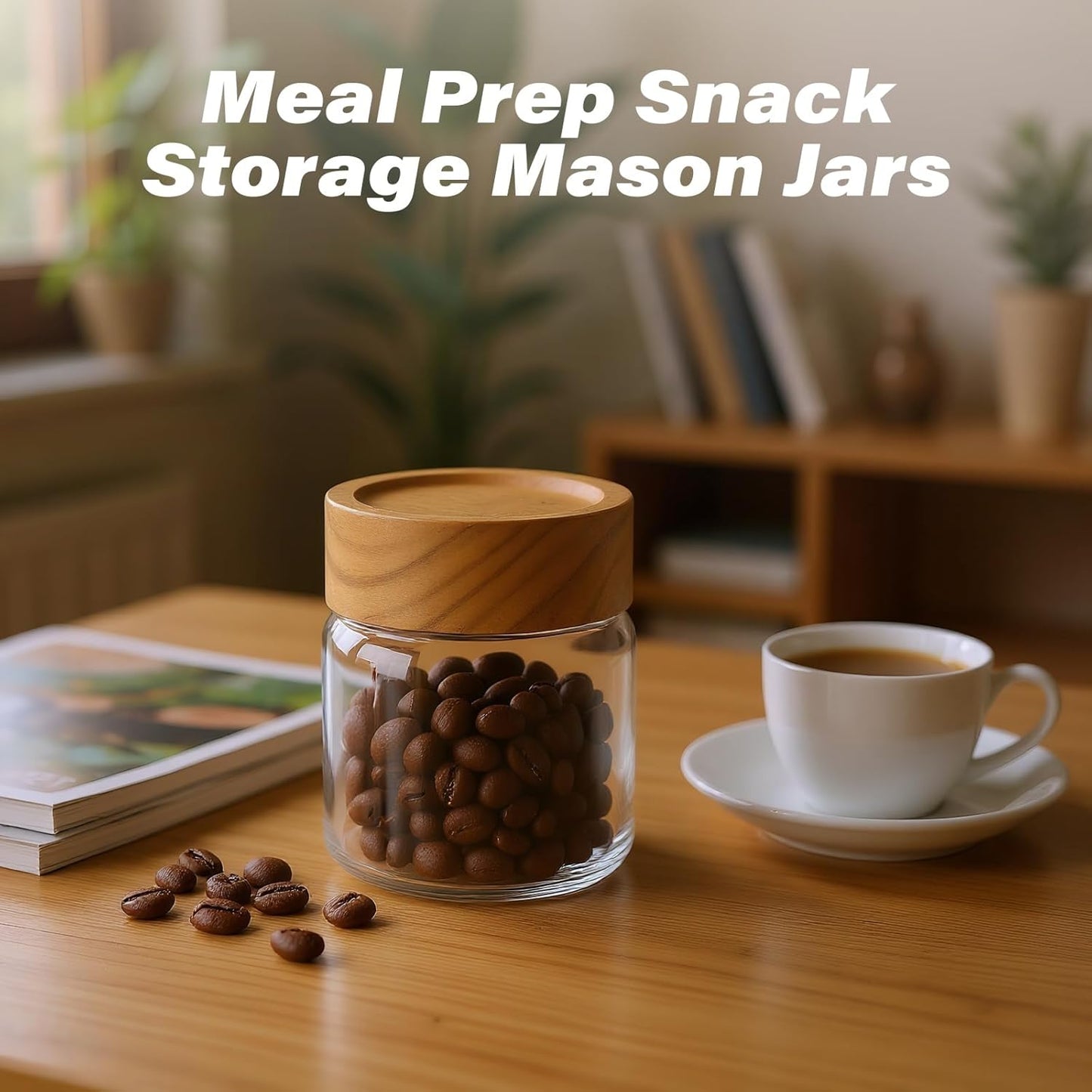 6-Pack 6 oz Airtight Food Sealed Jars with Acacia Wood Lids - Glass Meal Prep Containers for Overnight Oats, Snack Storage, Chia Pudding, Pantry Organization Essentials