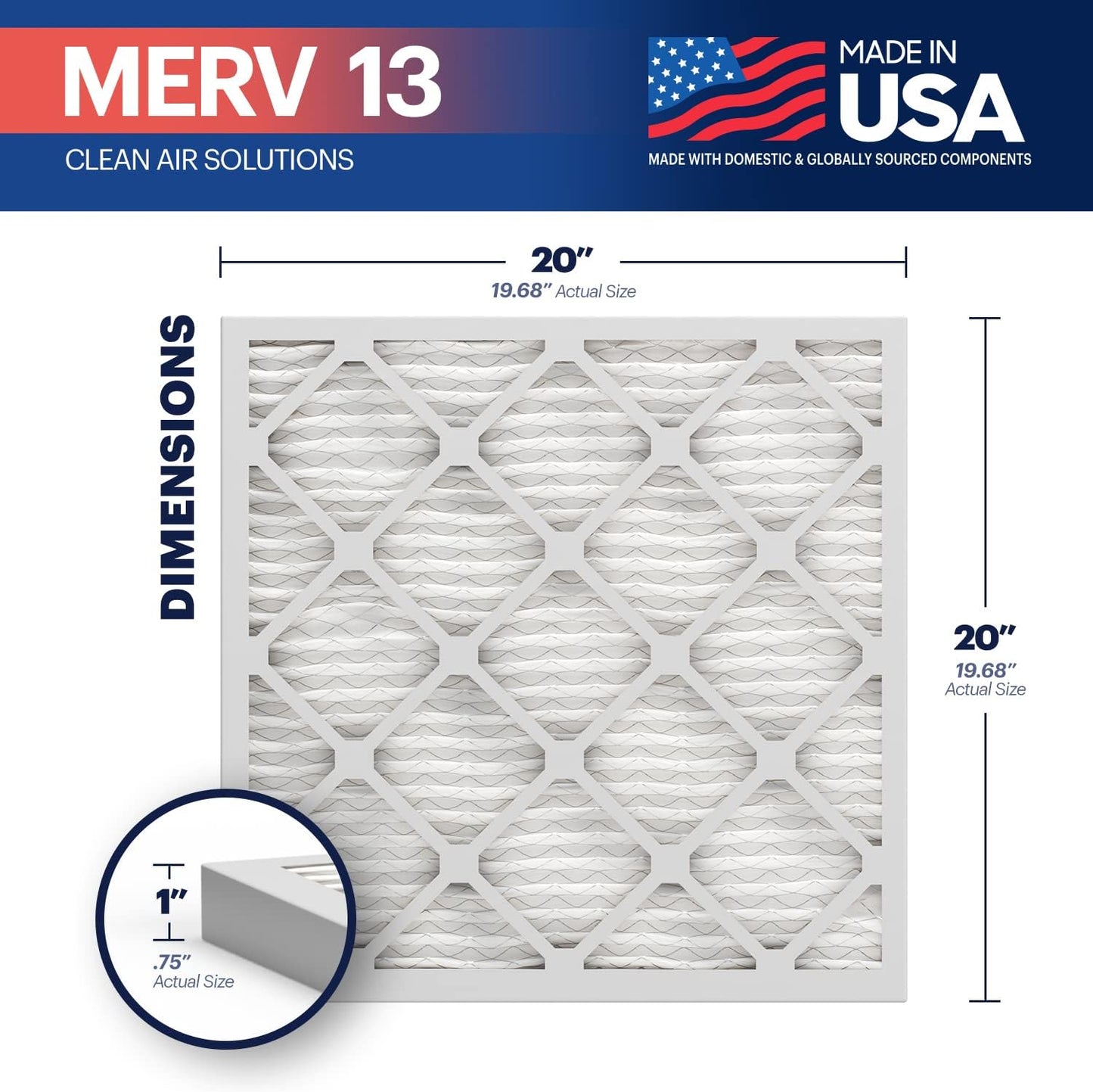 BNX TruFilter 20x20x1 Air Filter MERV 13 (6-Pack) - MADE IN USA - Electrostatic Pleated Air Conditioner HVAC AC Furnace Filters for Allergies, Pollen, Mold, Bacteria, Smoke, Allergen, MPR 1900 FPR 10