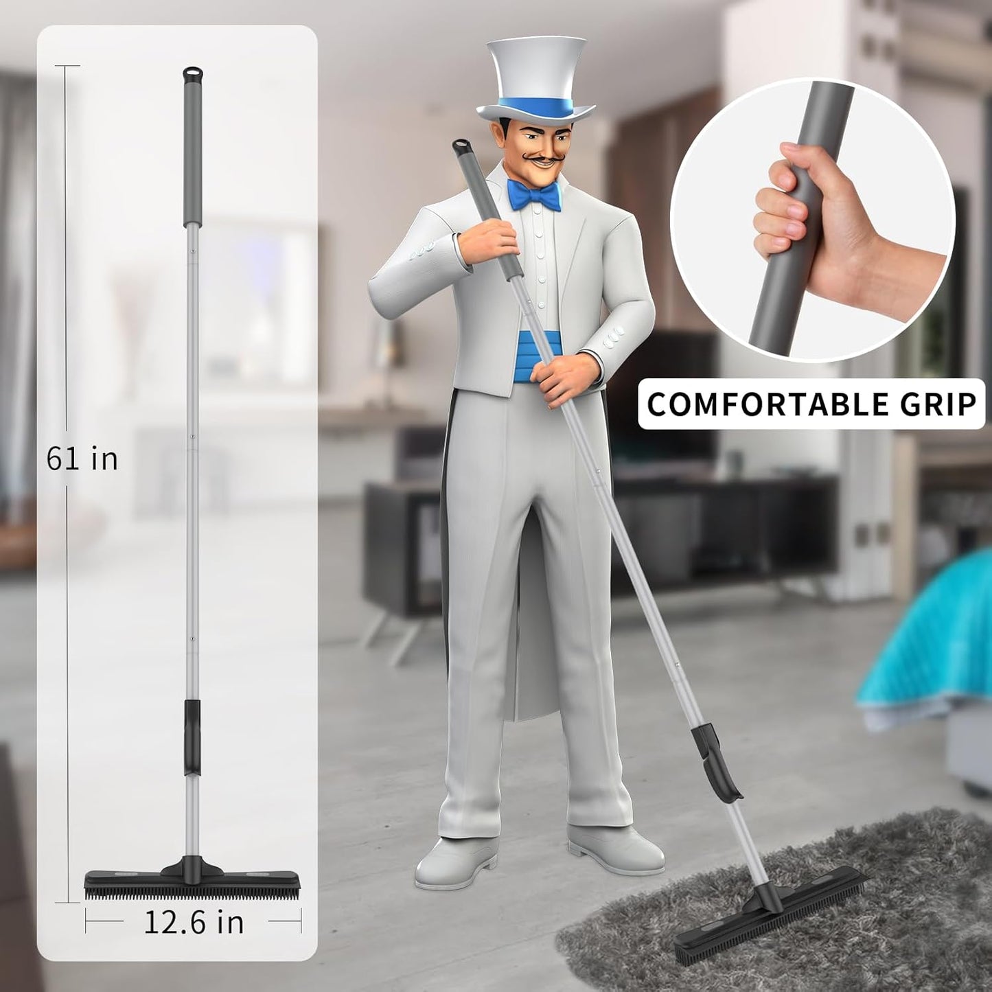 MR.SIGA Pet Hair Removal Rubber Broom with Built in Squeegee, 3 in 1 Floor Brush for Carpet, 61 inch Adjustable Handle, Includes 1 Microfiber Cloth for Floor Dusting