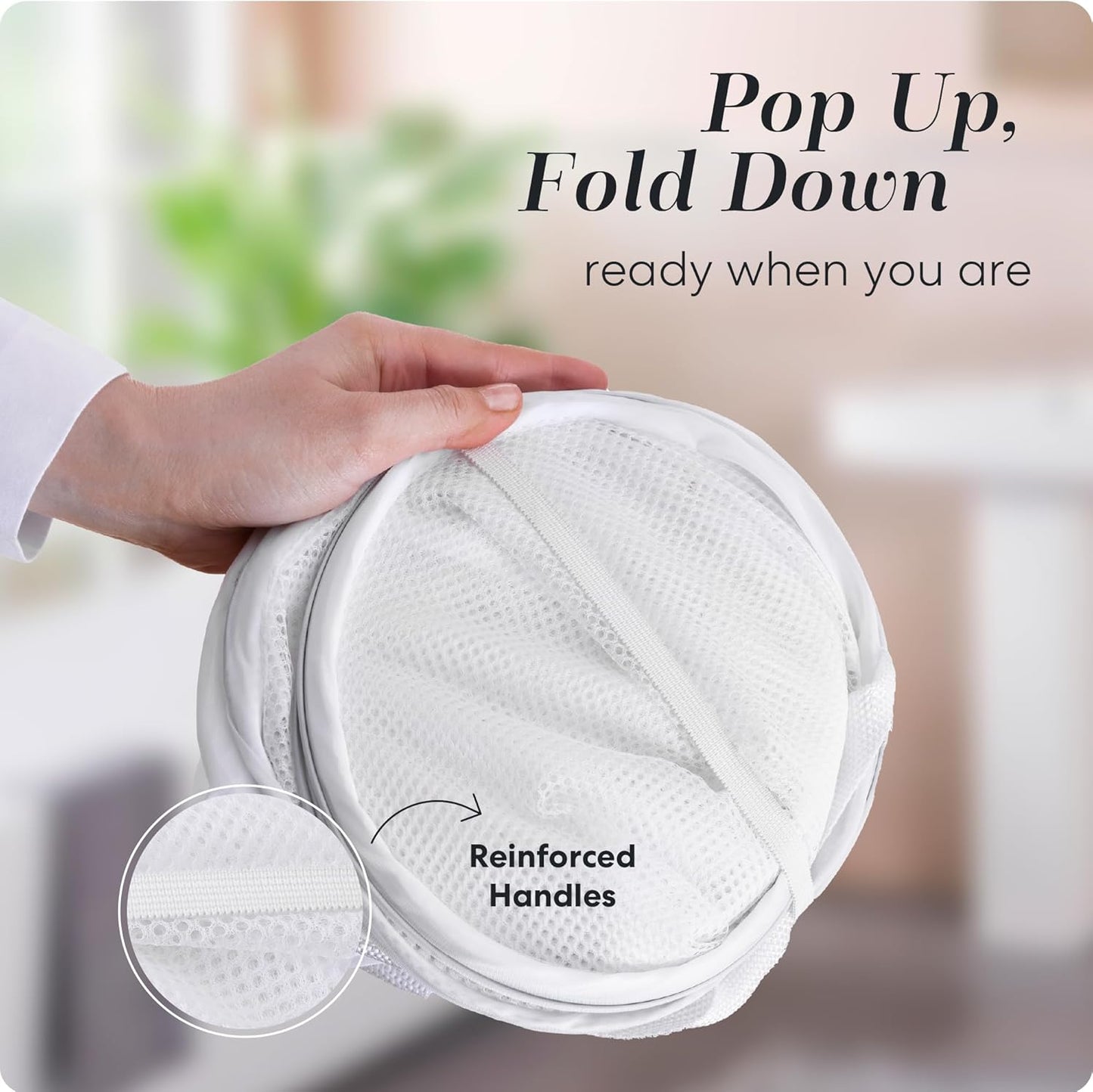 Handy Laundry Collapsible Mesh Pop Up Hamper with Wide Opening and Side Pocket - Breathable, Sturdy, Foldable, and Space-Saving Design for Clothes and Storage (White)