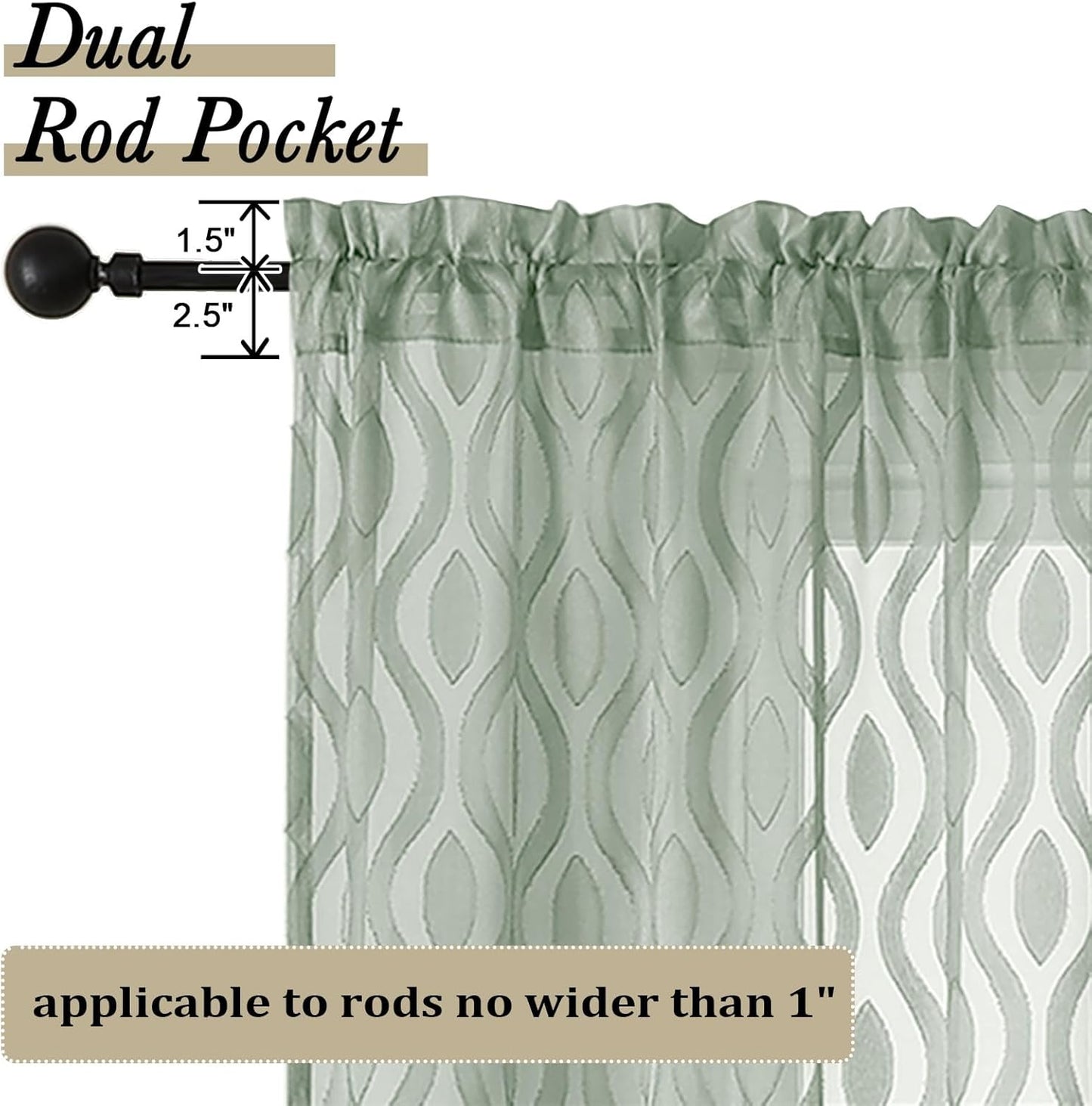 Aiyufeng Sage Green Curtains 45 Inch Length 2 Panels Set, Farmhouse Clip Jacquard Textured Short Sheer Curtains, Lightweight Chic Wavy Line Window Curtain Panels for Bedroom, 40" Wx45 L Inches