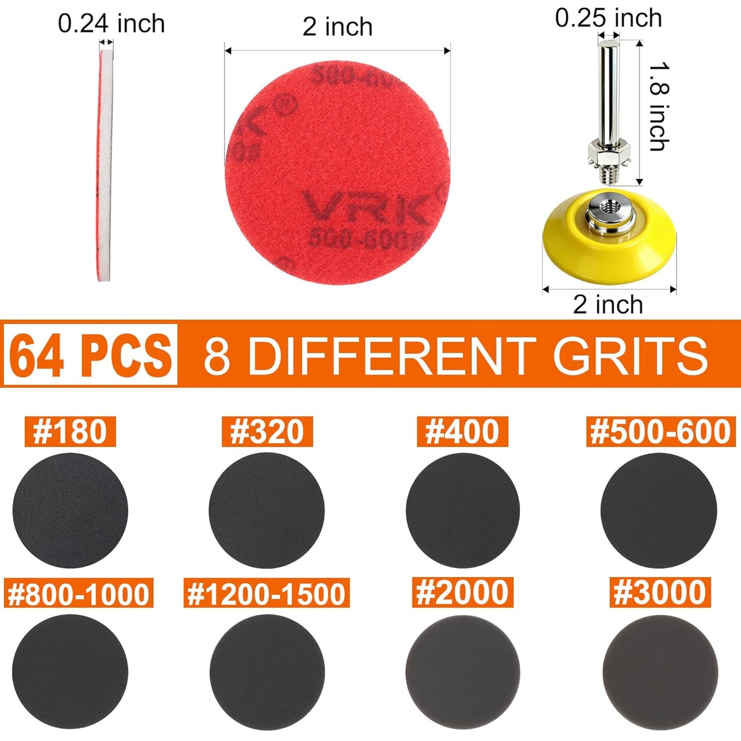 64 PCS 2 Inch Sanding Disc Pad,Hook and Loop Sanding Pads 180 to 3000 Wet Dry Sponge Sandpaper with 1/4” Shank for Drill Sanding Grinder Rotary Tools Curved Surface Polishing and Sanding