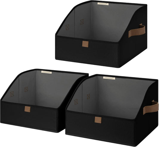 StorageWorks Closet Storage Bins, Trapezoid Organizer Box for Shelves, Fabric Clothes Bin, Foldable Organizing Baskets with Handles, Small, Black, 3-Pack