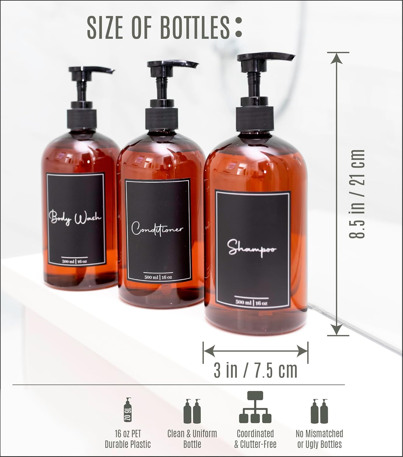 Alora 5-in-1 Apothecary Bottles for Home & Commercial Use - 16oz Elegant 8.5x3in Refillable Amber Shampoo Storage, Handwash, Massage Oils - Includes 24 Waterproof Labels, Bonus 2CC Pump & Funnel