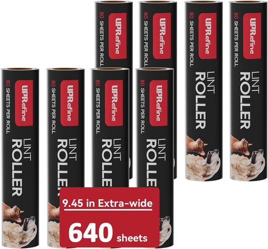Large Lint Roller Refill 640 Sheets(8 Pack) Value Set, Extra Sticky, Easy Tear for Lint Remover, 9.45 in Pet Mega Extreme Stick Refill for Floor Roller Cleaning for Pet Hair
