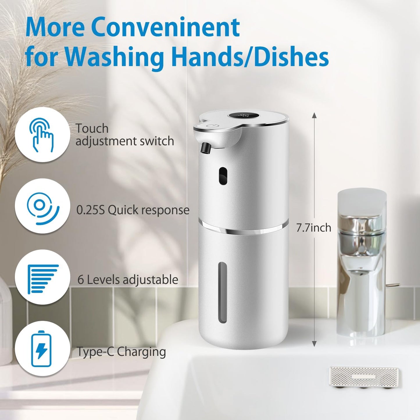 Automatic Liquid Soap Dispenser 12.8oz, Rechargeable & 6 Levels Soap Adjustable with Digital Display, Wall Mount, Waterproof, Touchless Hand/Dish Soap Dispenser for Kitchen, Bathroom, Hotel