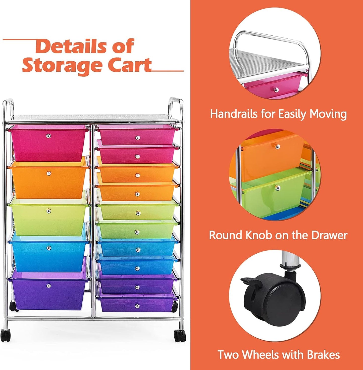 GOFLAME 15-Drawer Rolling Storage Cart, Multipurpose Movable Organizer Cart, Utility Cart for Home, Office, School, Rainbow